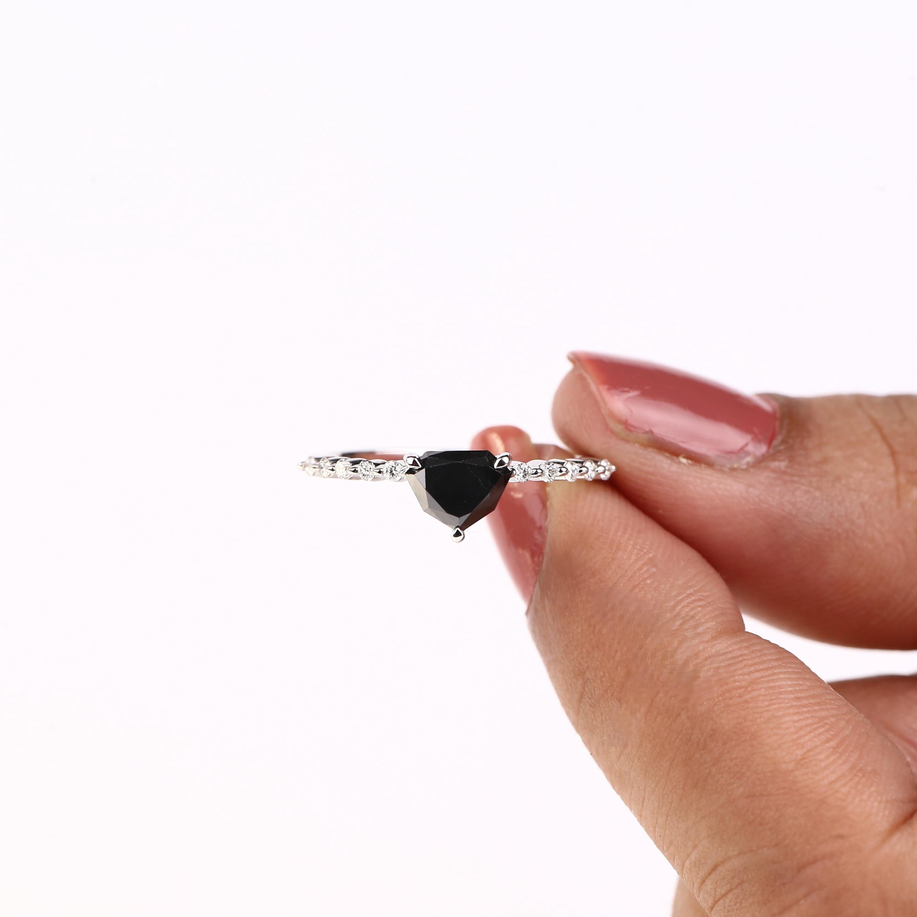 Shield Cut Black Diamond Ring, Natural Diamond 14K Rose Gold Minimalist Wedding Ring