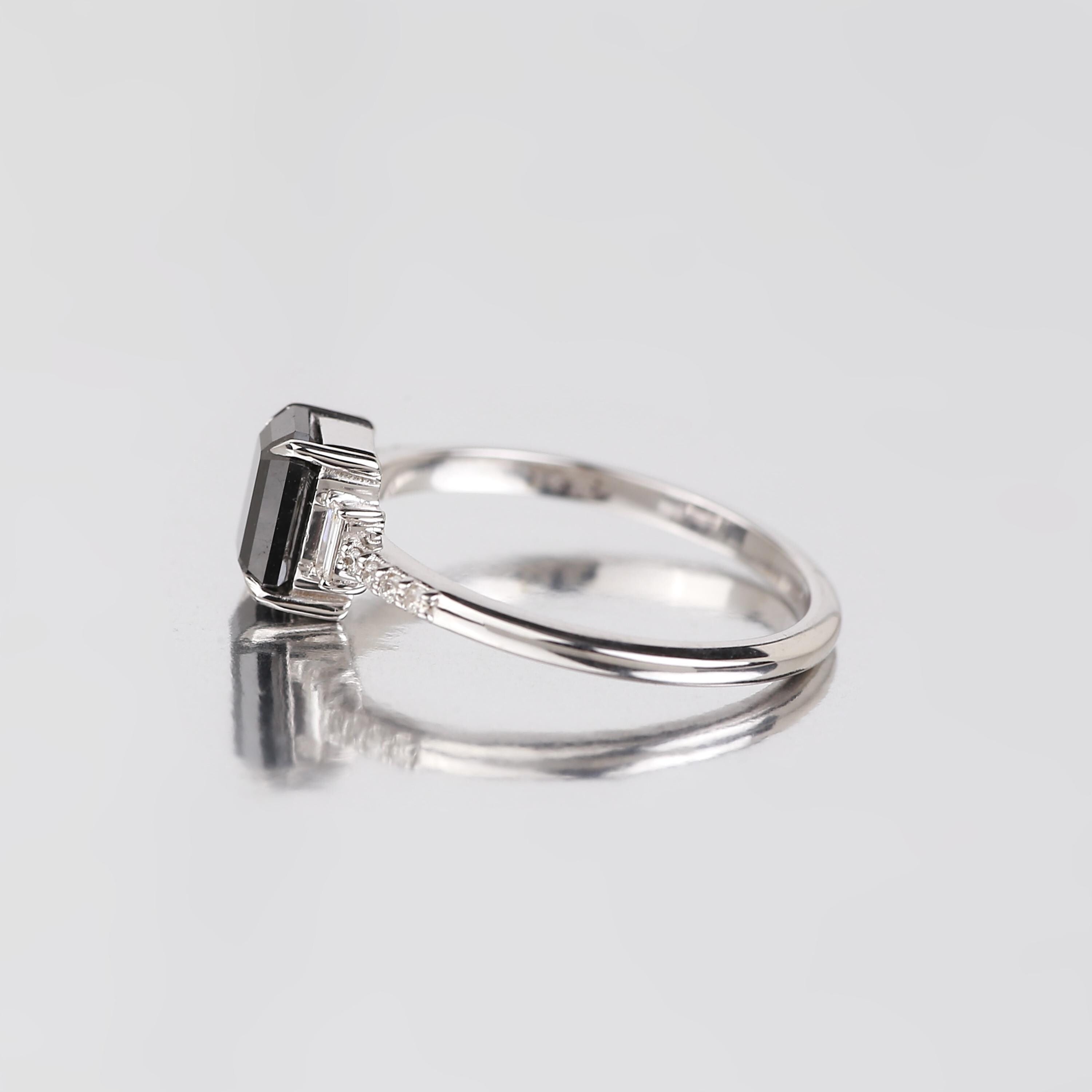 Baguette Cut Black Diamond Ring, Natural Black Diamond 14K White Gold Anniversary Ring
