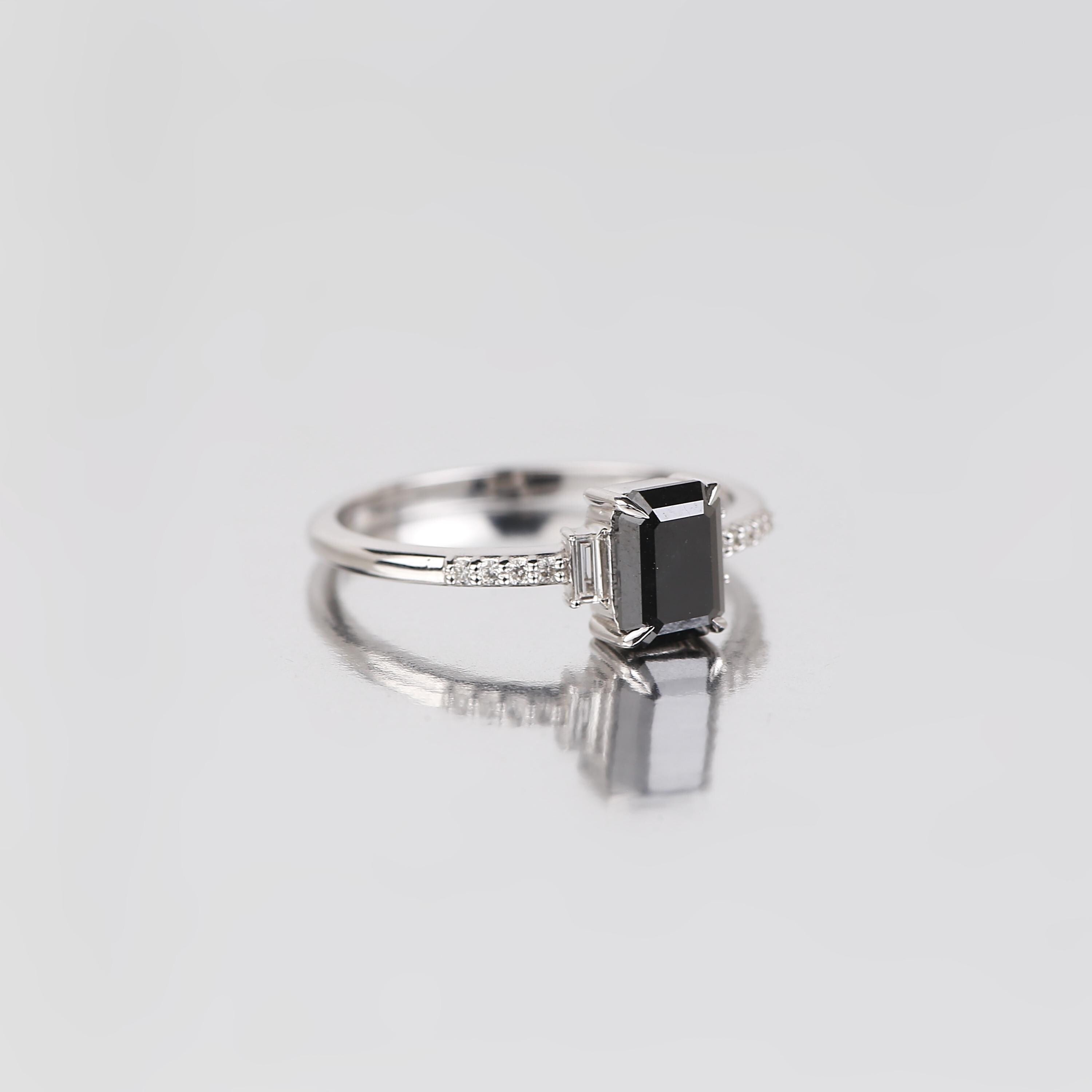 Baguette Cut Black Diamond Ring, Natural Black Diamond 14K White Gold Anniversary Ring