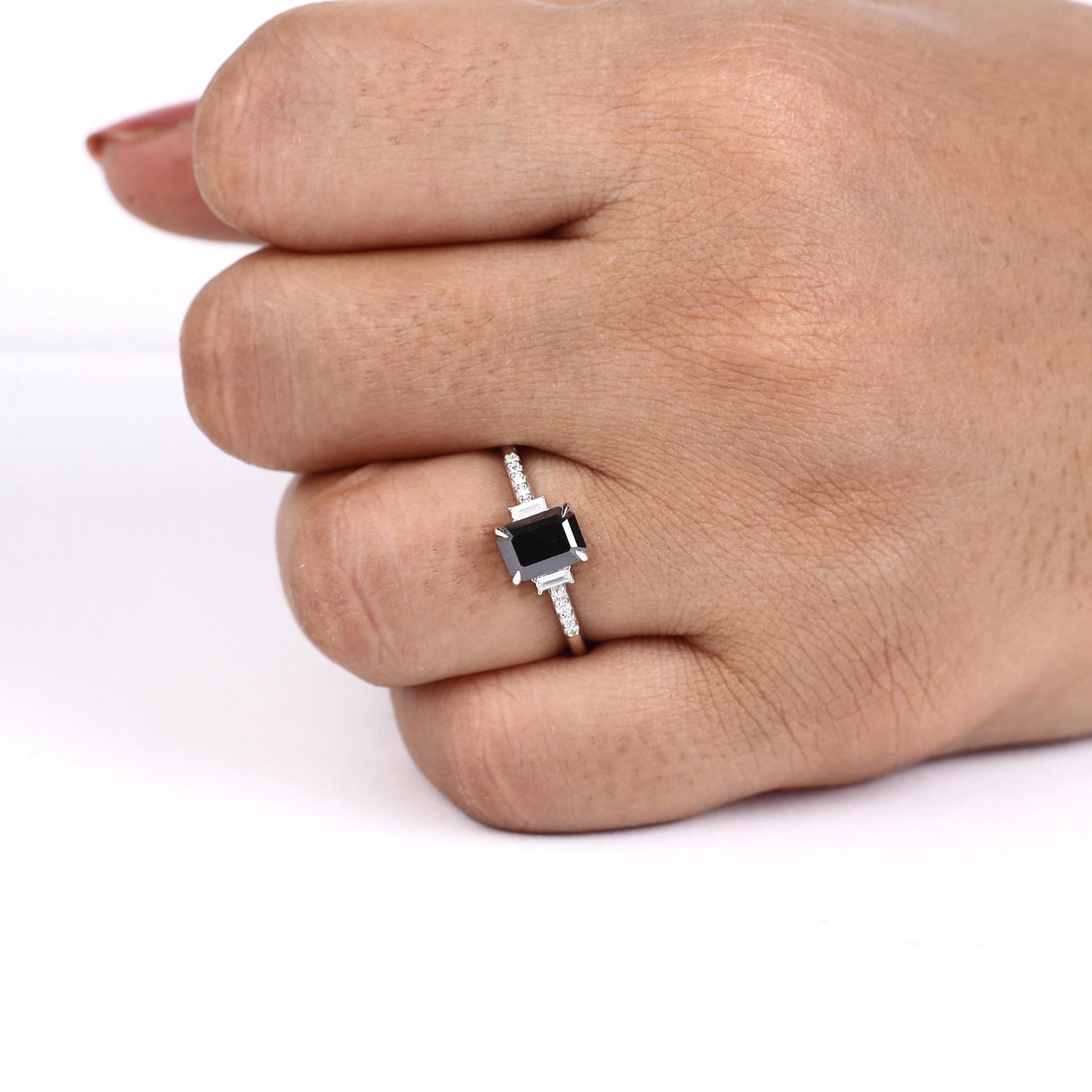 Baguette Cut Black Diamond Ring, Natural Black Diamond 14K White Gold Anniversary Ring