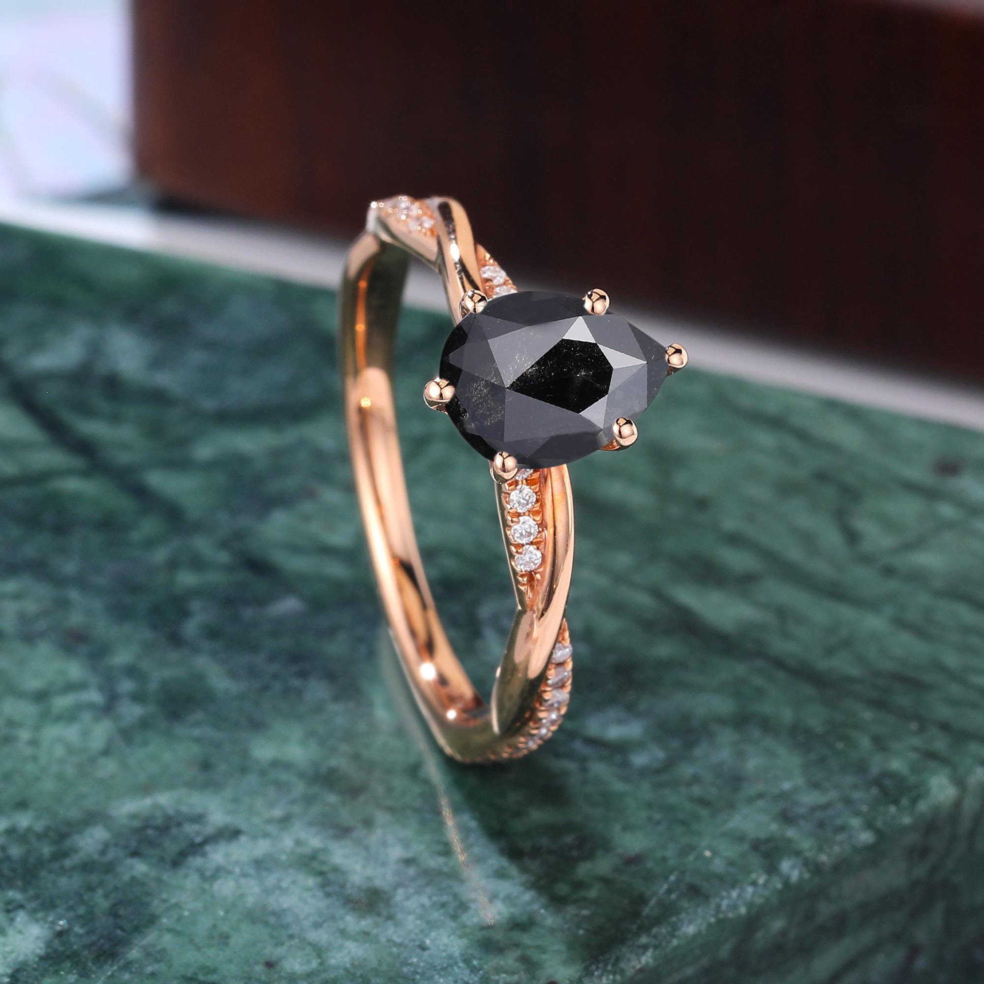 Pear Cut Black Diamond Ring, Natural Diamond 14K Rose Gold Vintage Engagement Ring