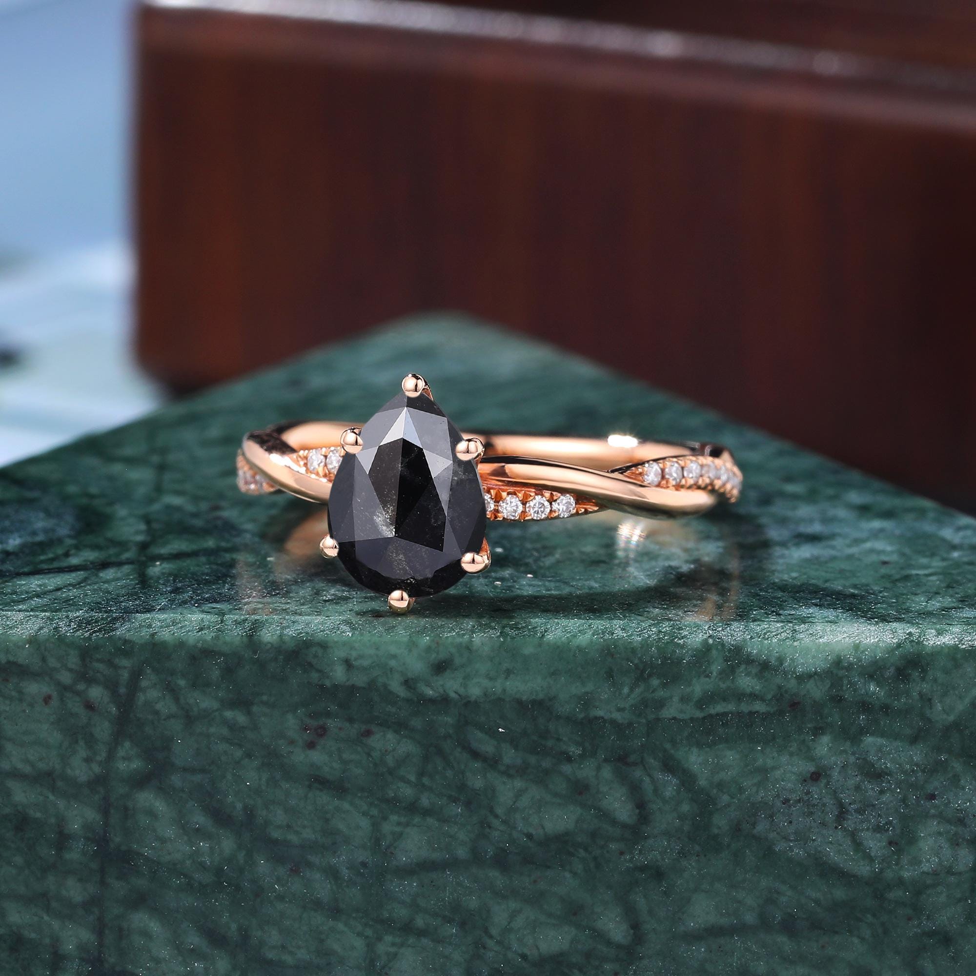 Pear Cut Black Diamond Ring, Natural Diamond 14K Rose Gold Vintage Engagement Ring