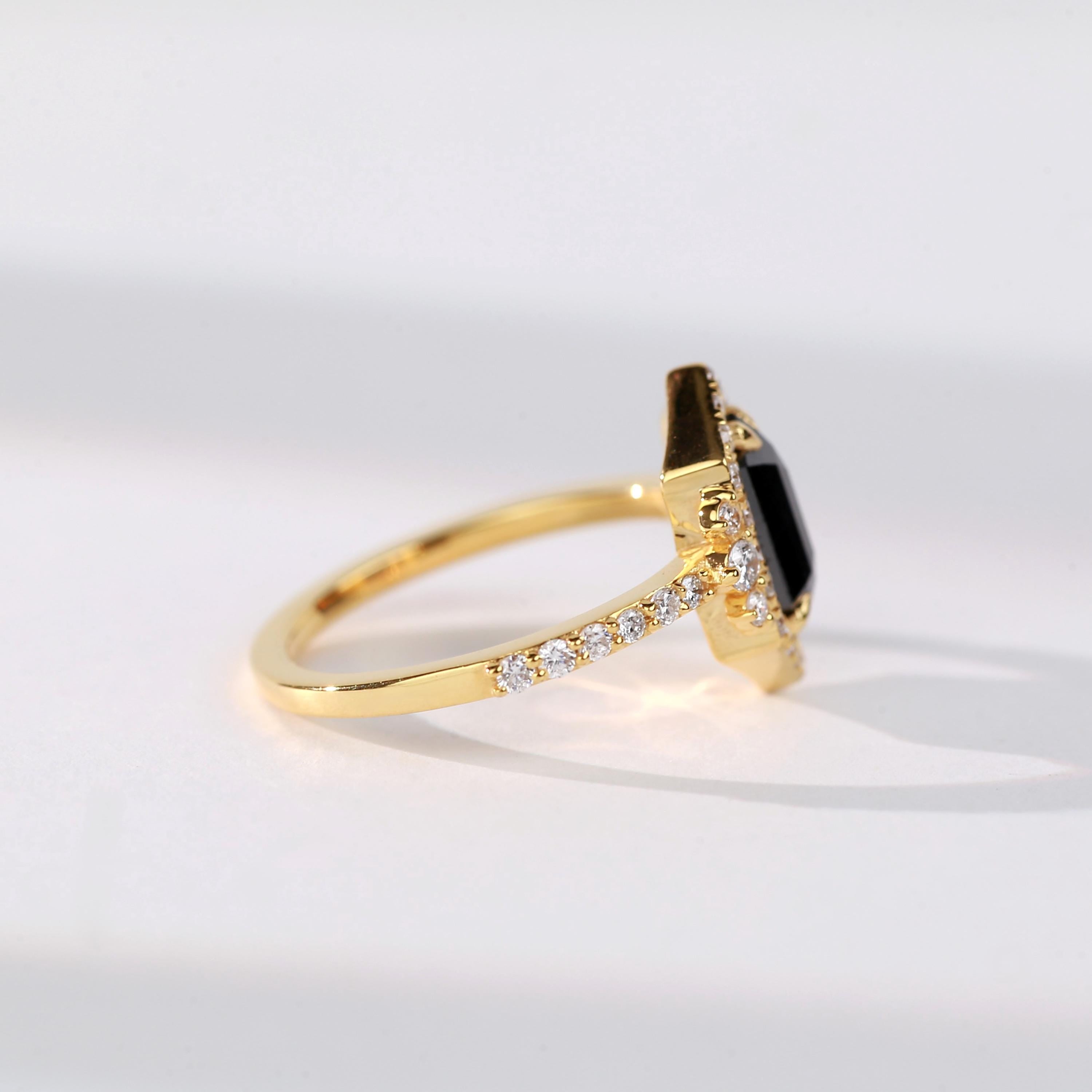 Hexagon Cut Black Diamond Ring, Natural Diamond 14K White Gold Unique Engagement Ring