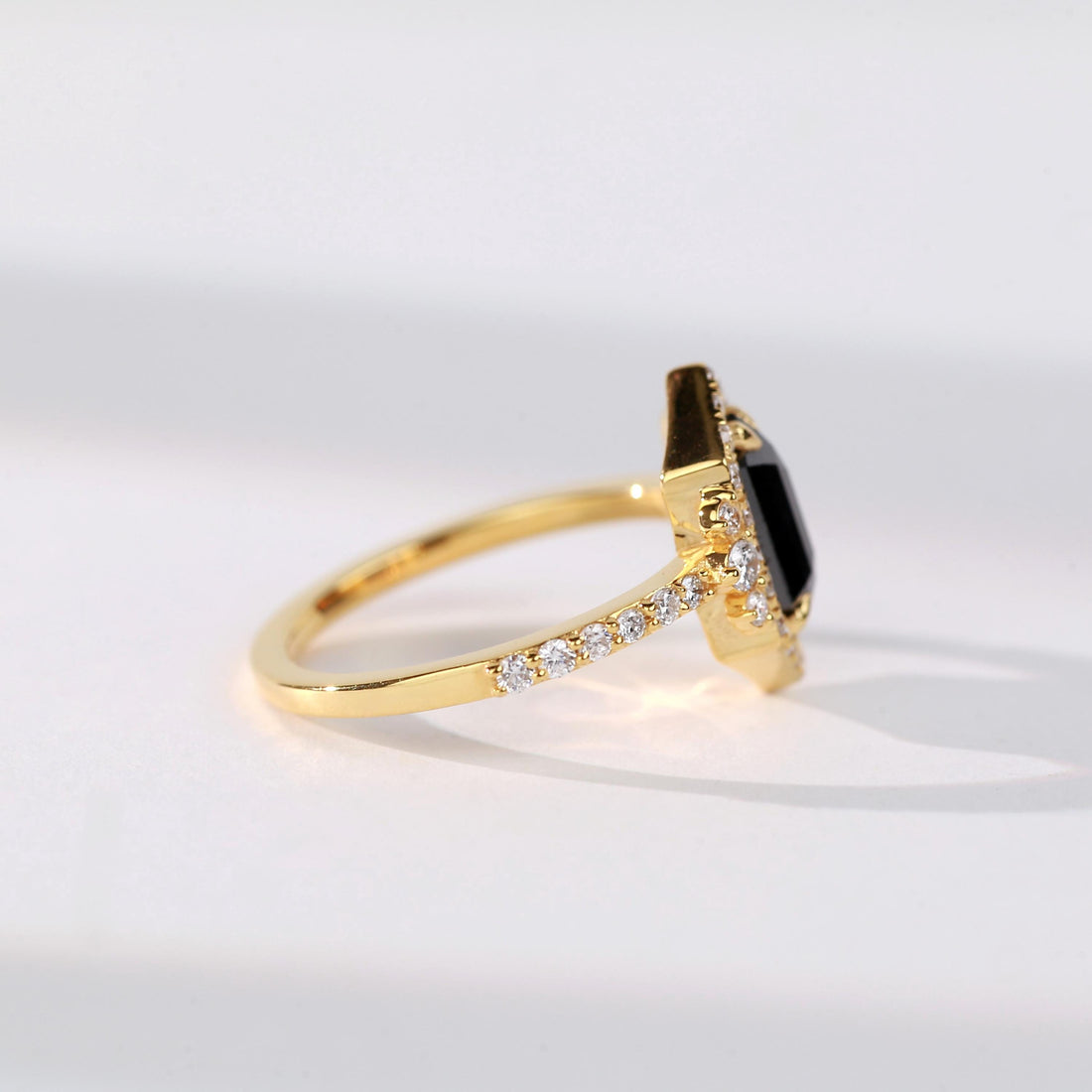 Hexagon Cut Black Diamond Ring, Natural Diamond 14K White Gold Unique Engagement Ring