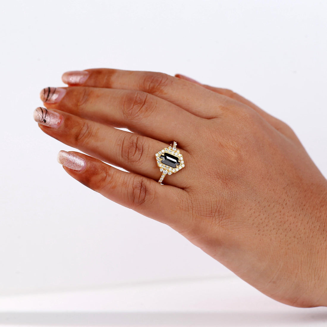Hexagon Cut Black Diamond Ring, Natural Diamond 14K White Gold Unique Engagement Ring