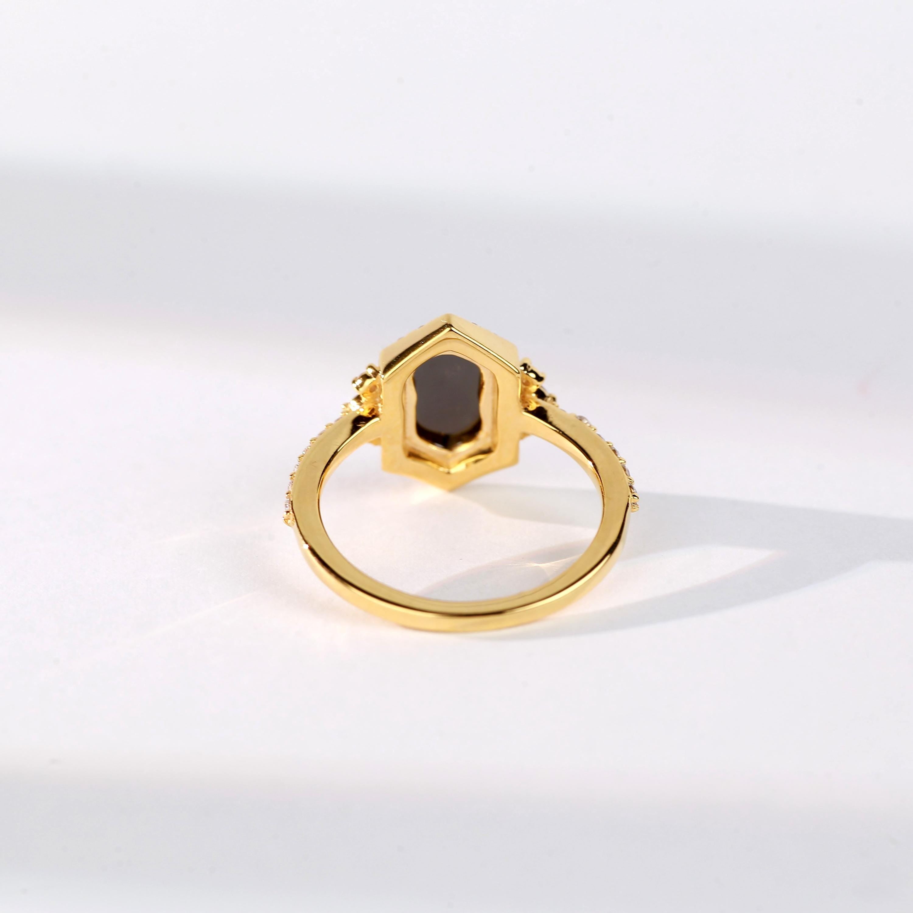 Hexagon Cut Black Diamond Ring, Natural Diamond 14K White Gold Unique Engagement Ring