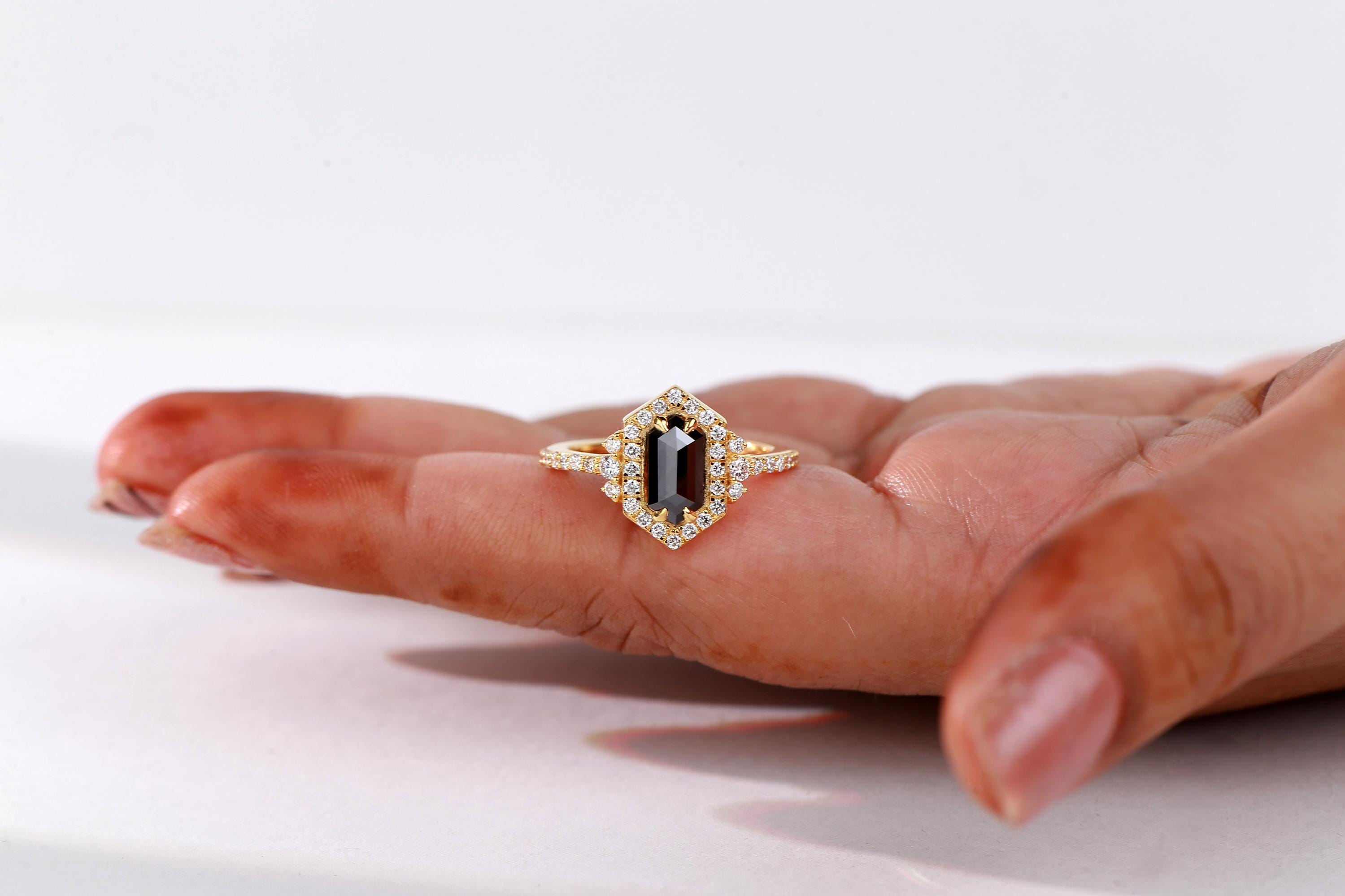 Hexagon Cut Black Diamond Ring, Natural Diamond 14K White Gold Unique Engagement Ring