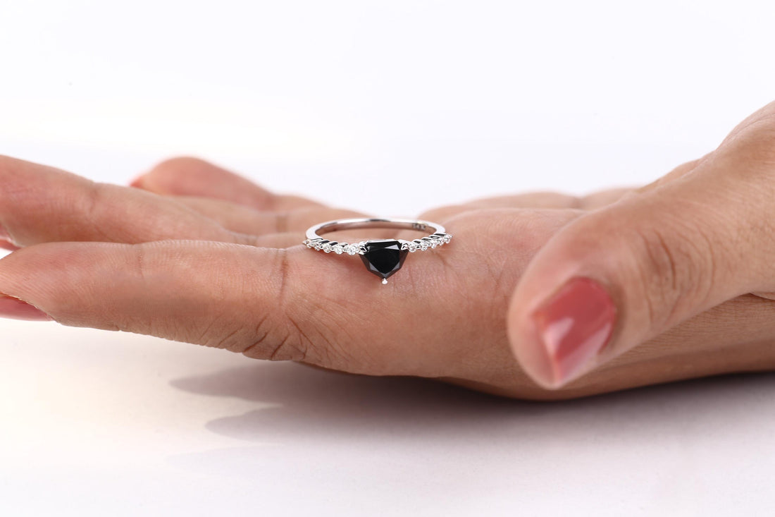 Shield Cut Black Diamond Ring, Natural Diamond 14K Rose Gold Minimalist Wedding Ring