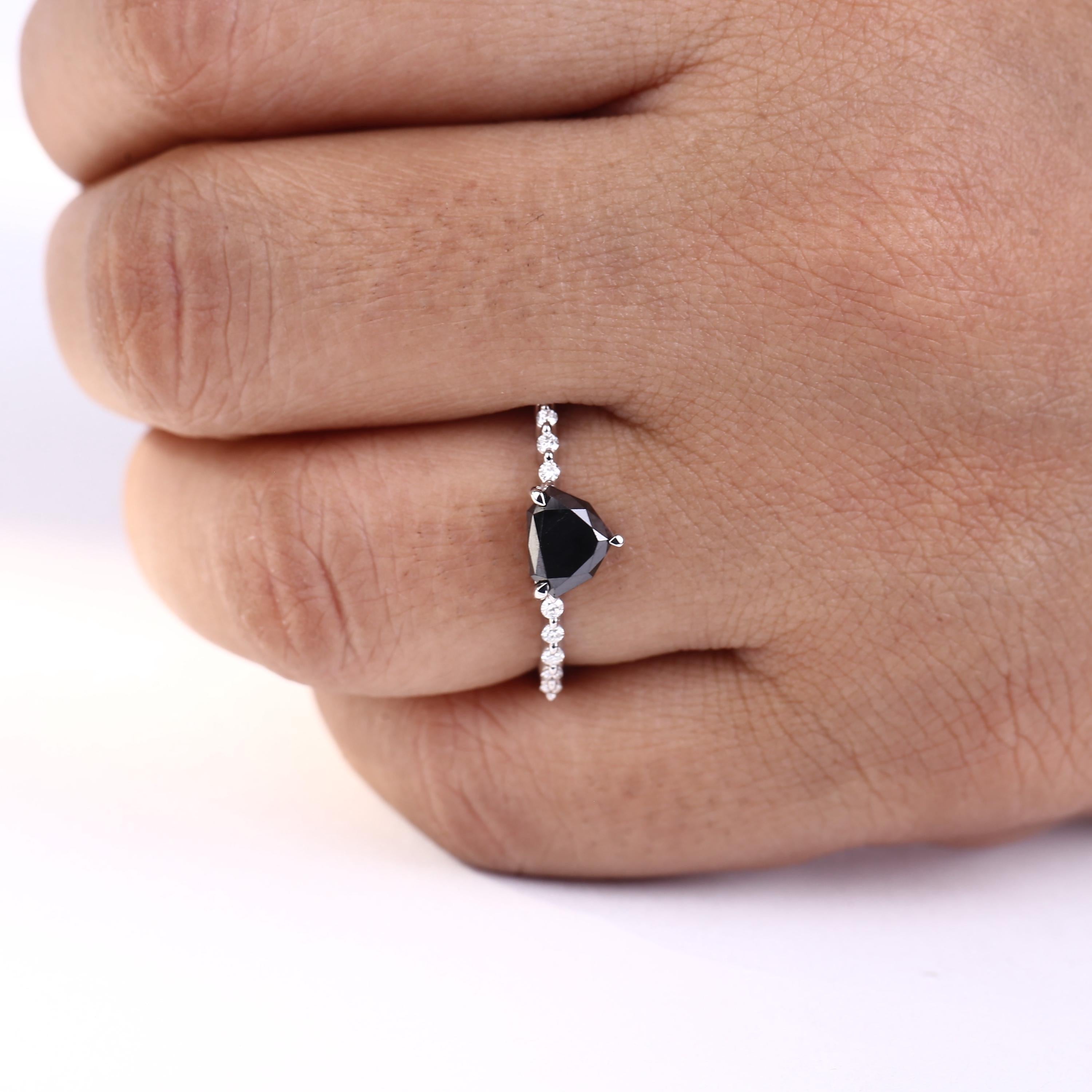 Shield Cut Black Diamond Ring, Natural Diamond 14K Rose Gold Minimalist Wedding Ring