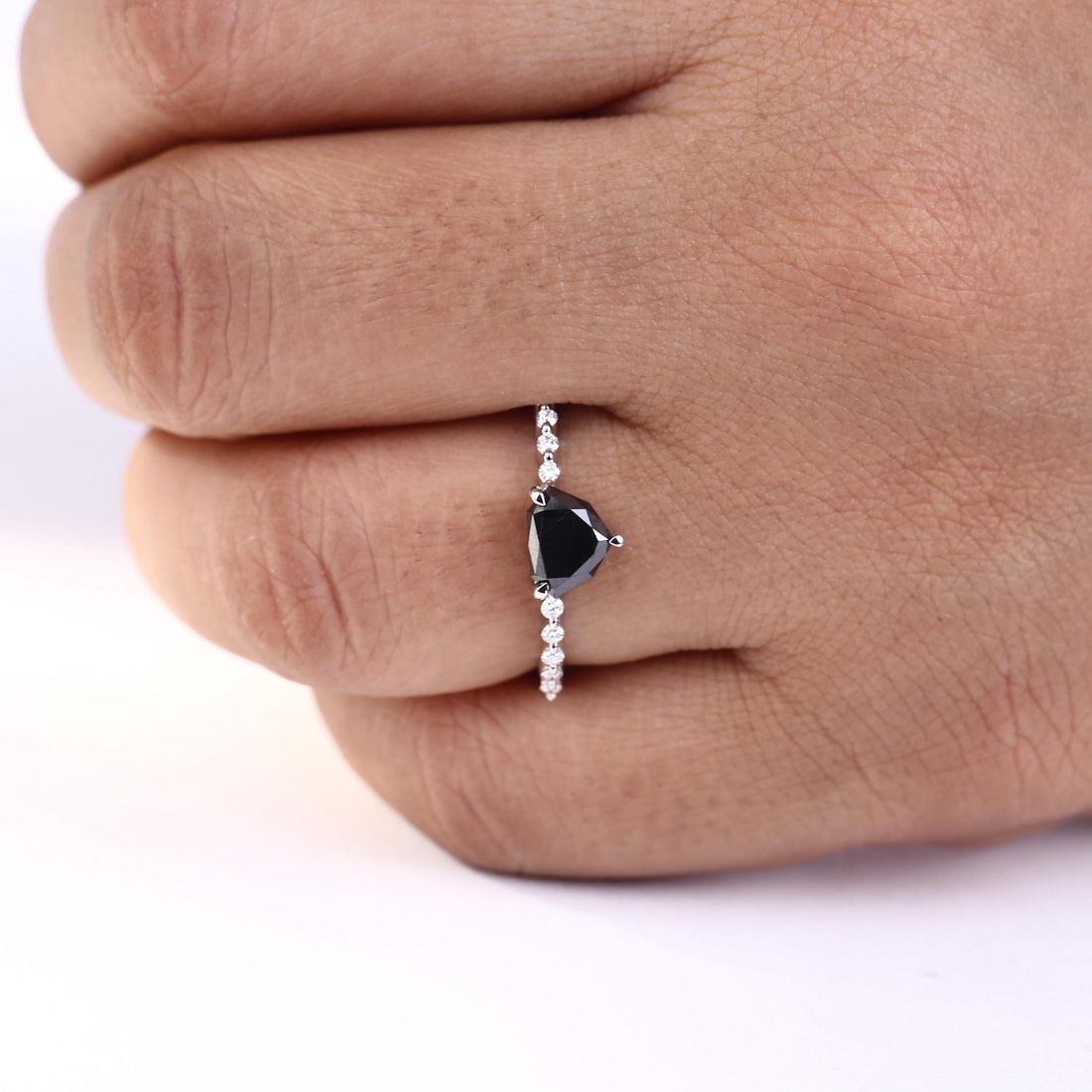 Shield Cut Black Diamond Ring, Natural Diamond 14K Rose Gold Minimalist Wedding Ring