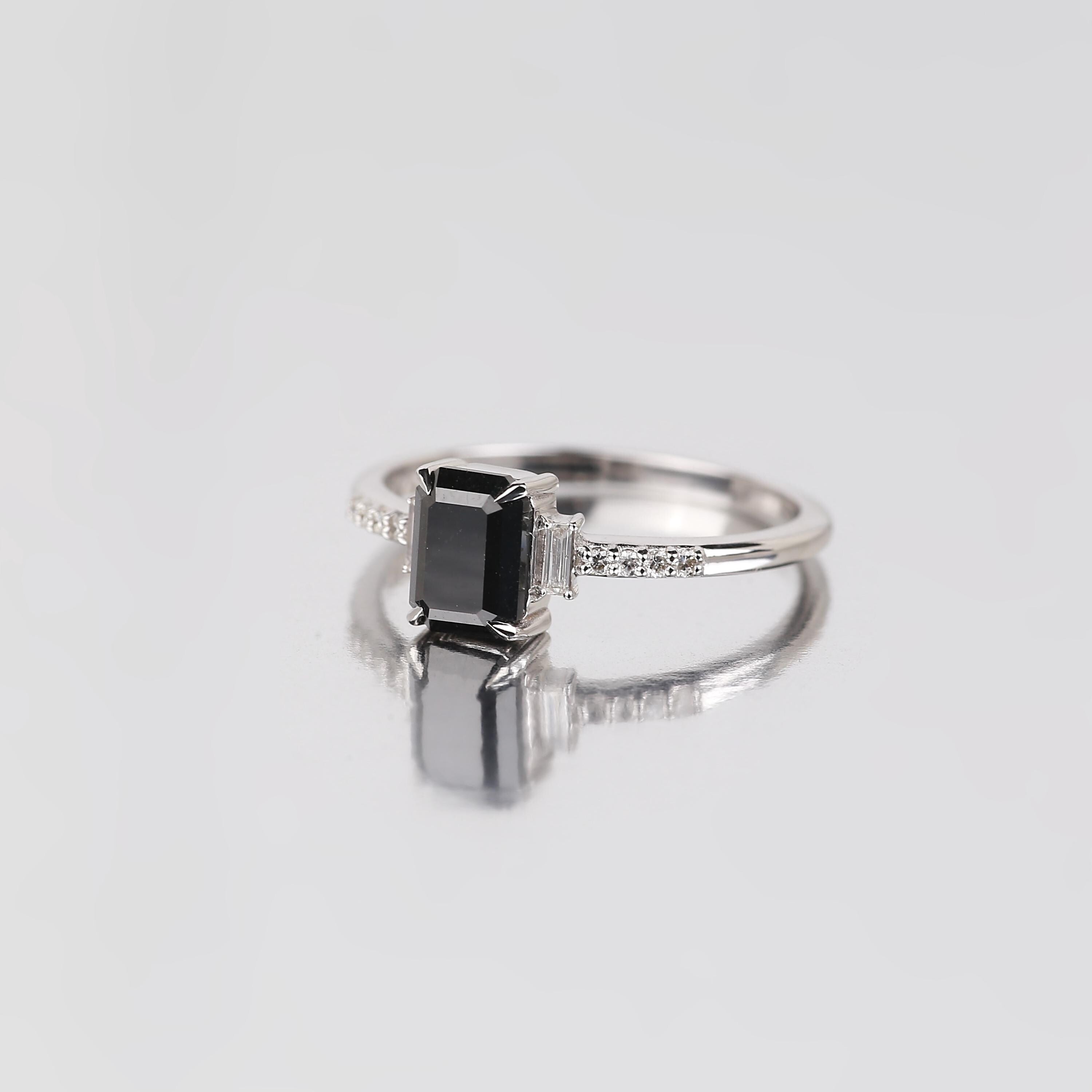 Baguette Cut Black Diamond Ring, Natural Black Diamond 14K White Gold Anniversary Ring