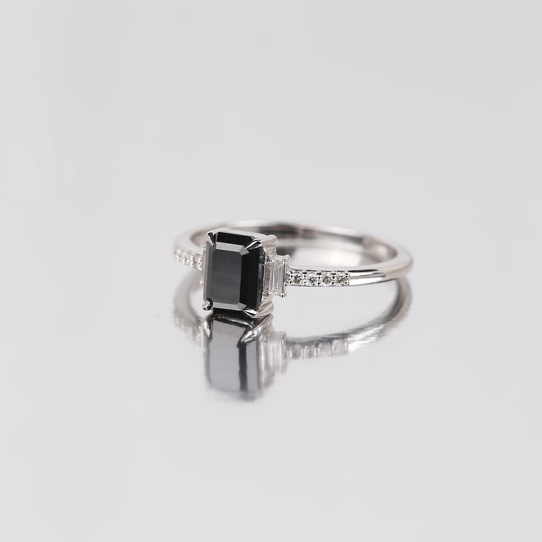 Baguette Cut Black Diamond Ring, Natural Black Diamond 14K White Gold Anniversary Ring