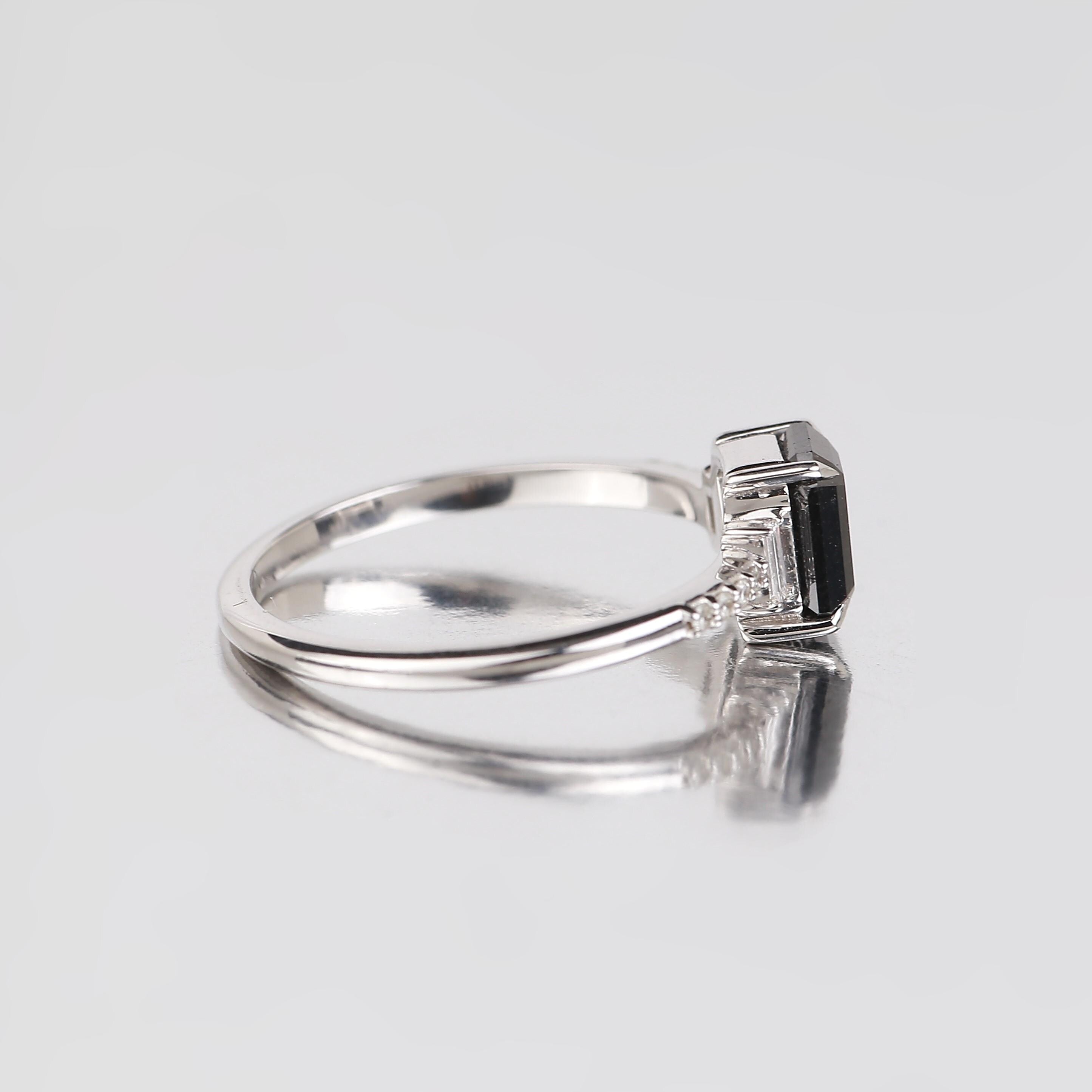 Baguette Cut Black Diamond Ring, Natural Black Diamond 14K White Gold Anniversary Ring