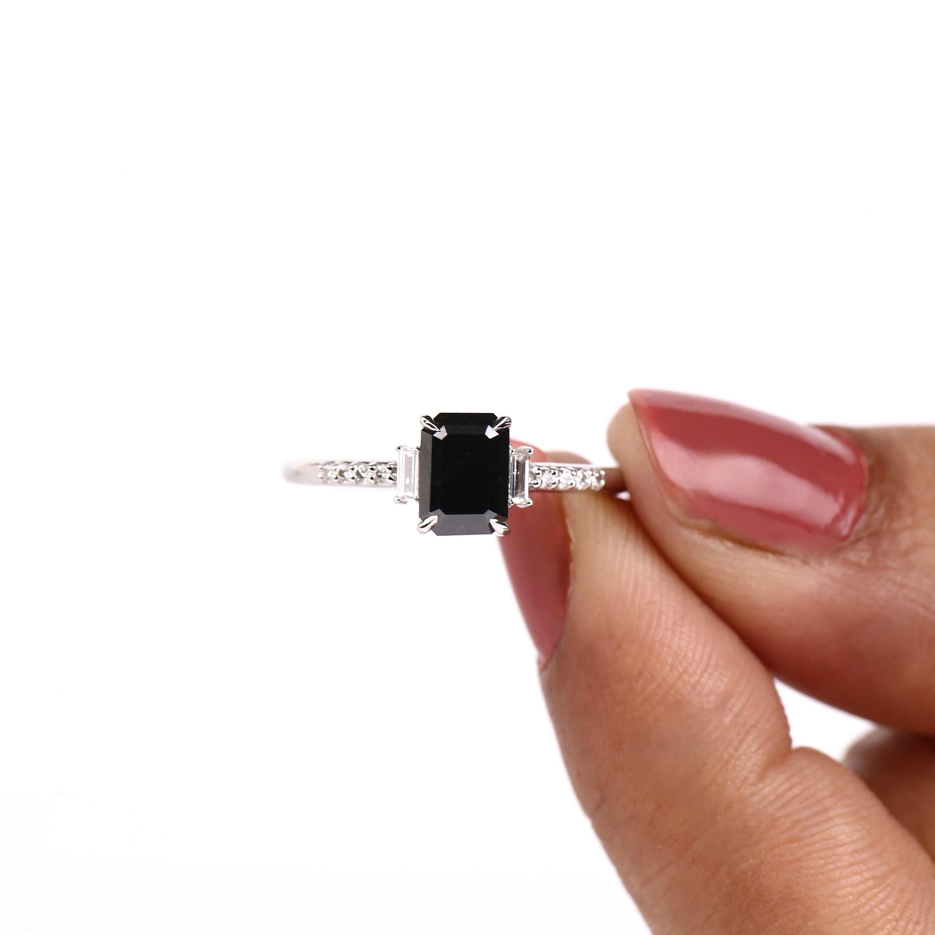 Baguette Cut Black Diamond Ring, Natural Black Diamond 14K White Gold Anniversary Ring
