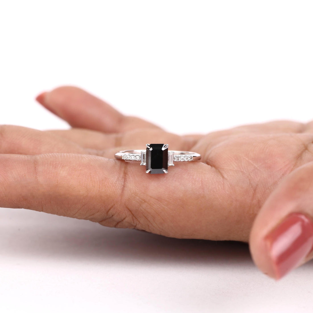Baguette Cut Black Diamond Ring, Natural Black Diamond 14K White Gold Anniversary Ring
