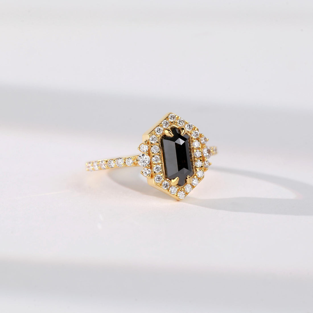 Hexagon Cut Black Diamond Ring, Natural Diamond 14K White Gold Unique Engagement Ring
