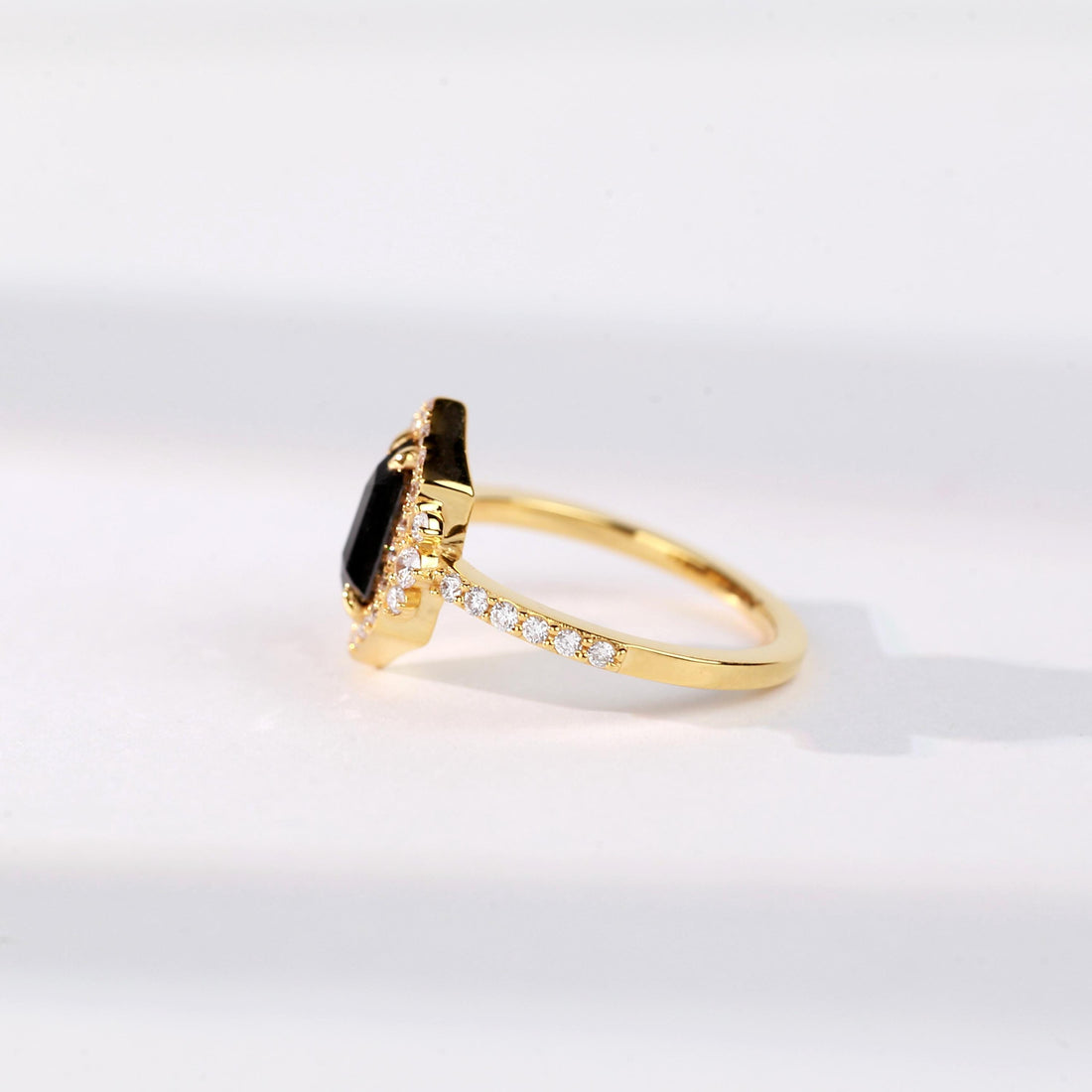 Hexagon Cut Black Diamond Ring, Natural Diamond 14K White Gold Unique Engagement Ring