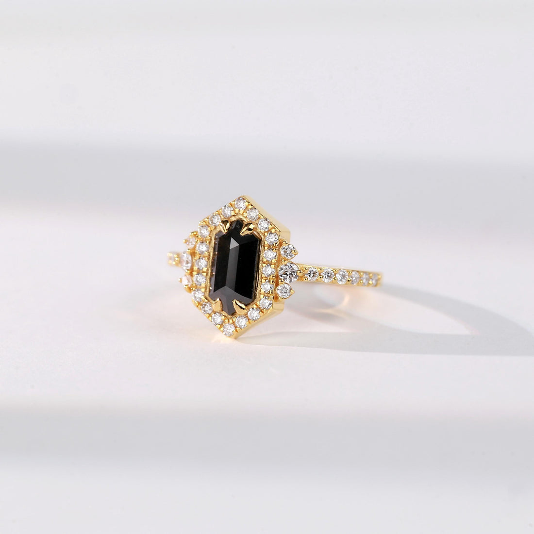 Hexagon Cut Black Diamond Ring, Natural Diamond 14K White Gold Unique Engagement Ring