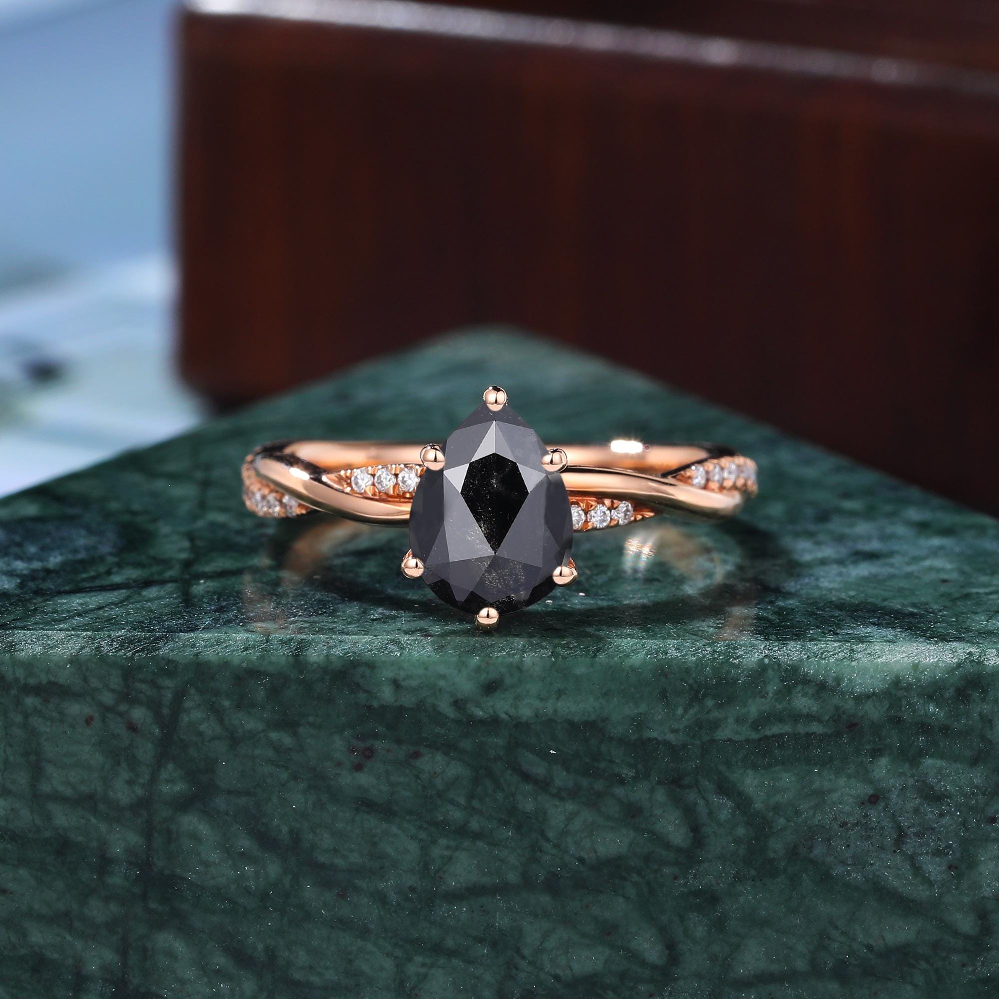 Pear Cut Black Diamond Ring, Natural Diamond 14K Rose Gold Vintage Engagement Ring