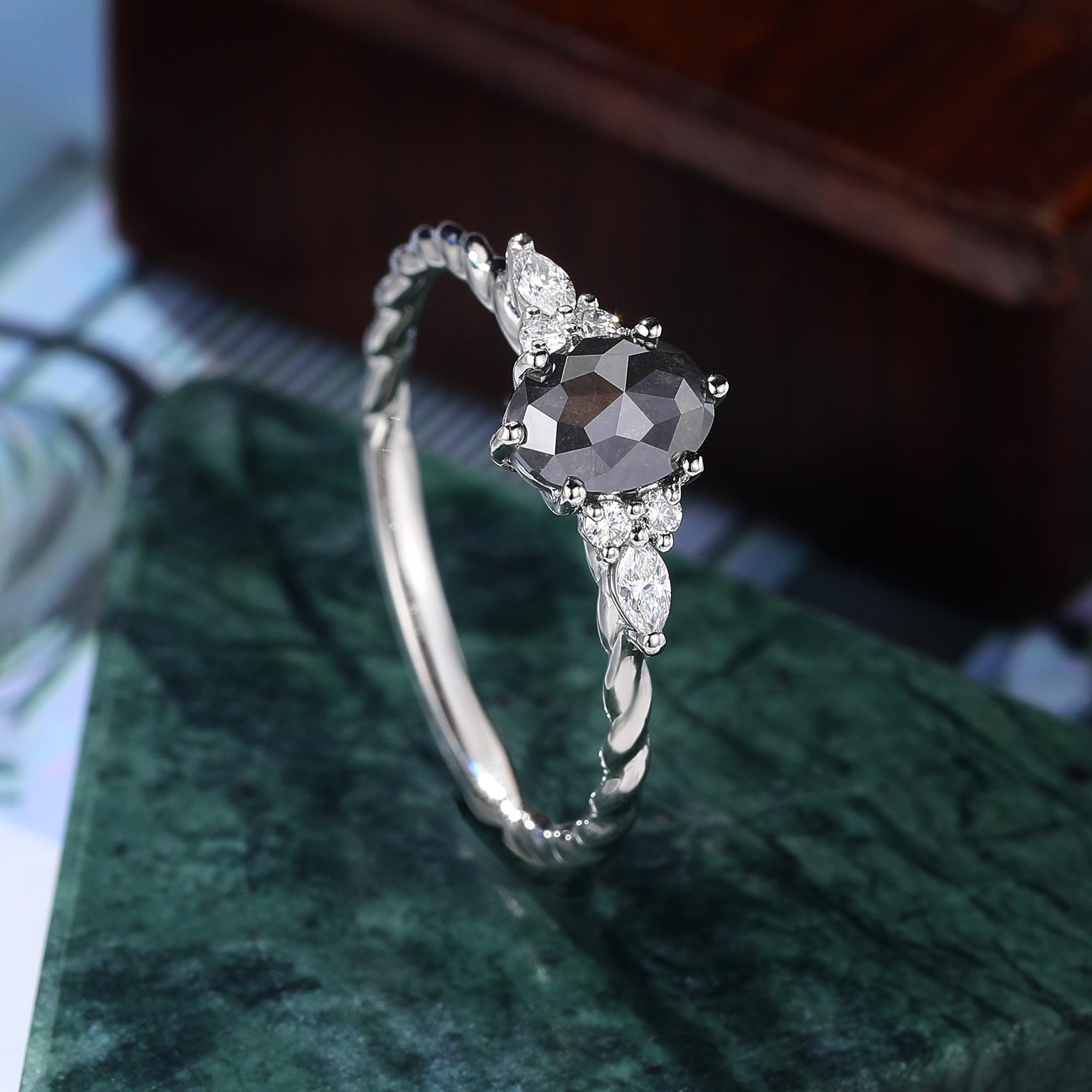 14K White Gold Oval Cut Black Natural Diamond Wedding Ring