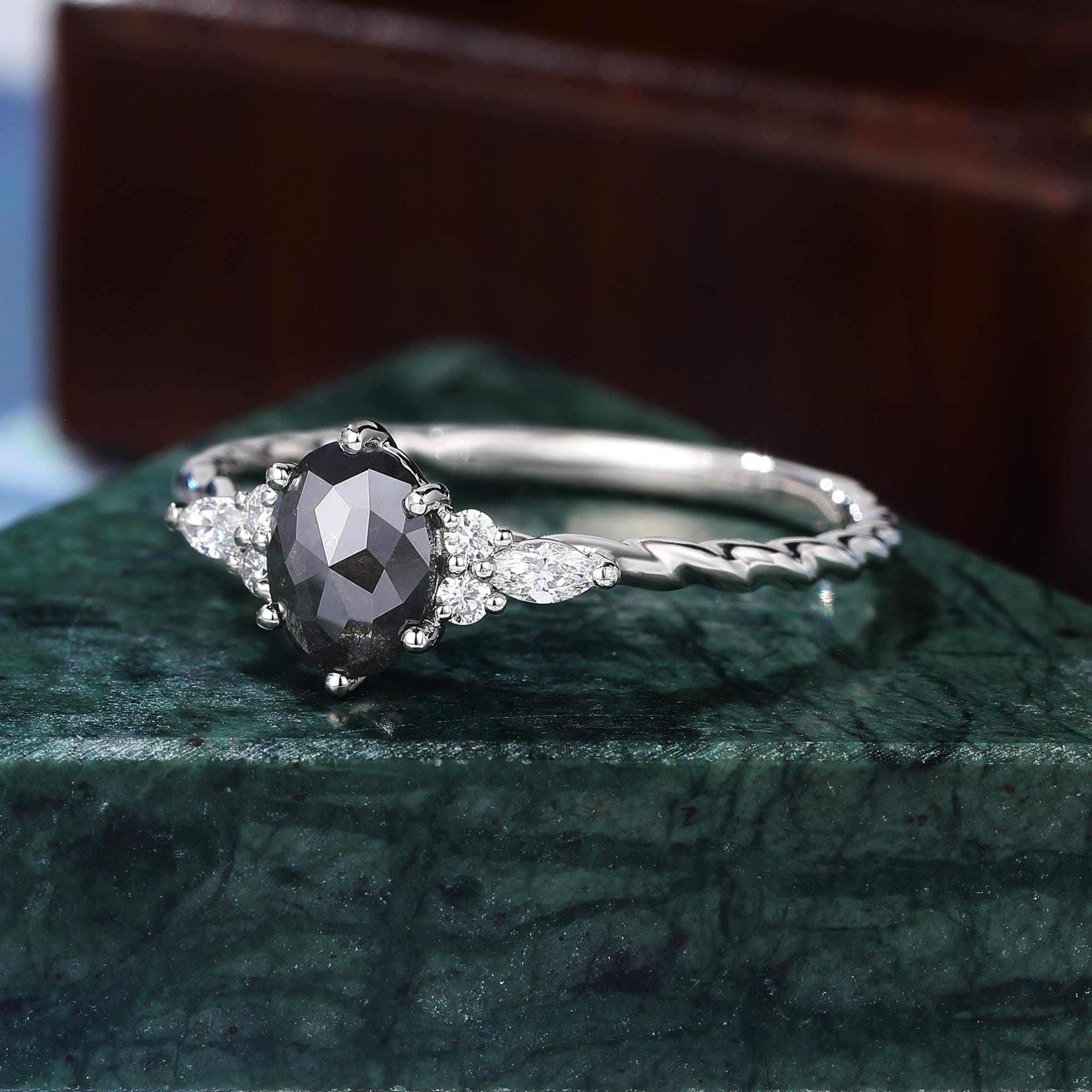 14K White Gold Oval Cut Black Natural Diamond Wedding Ring
