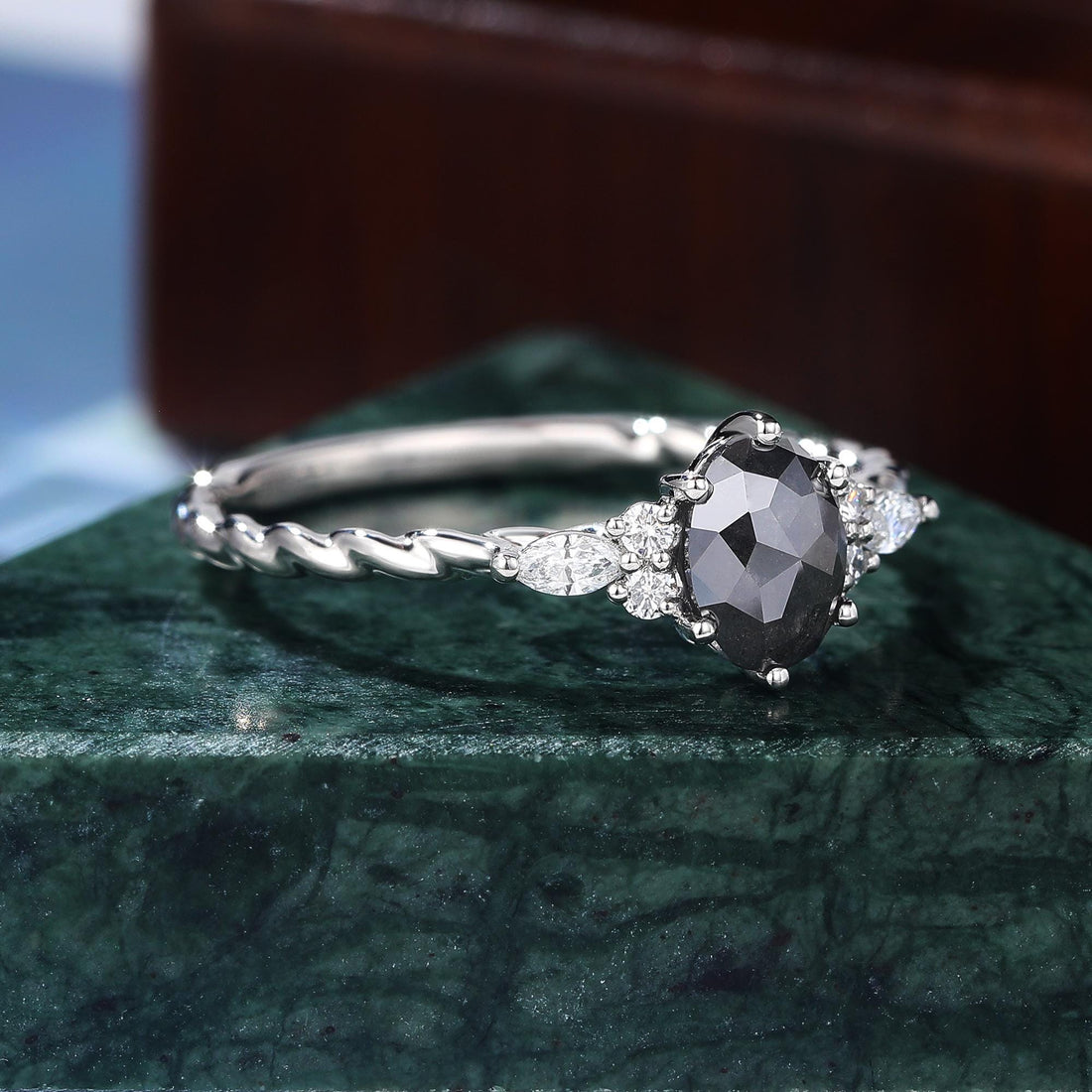 14K White Gold Oval Cut Black Natural Diamond Wedding Ring