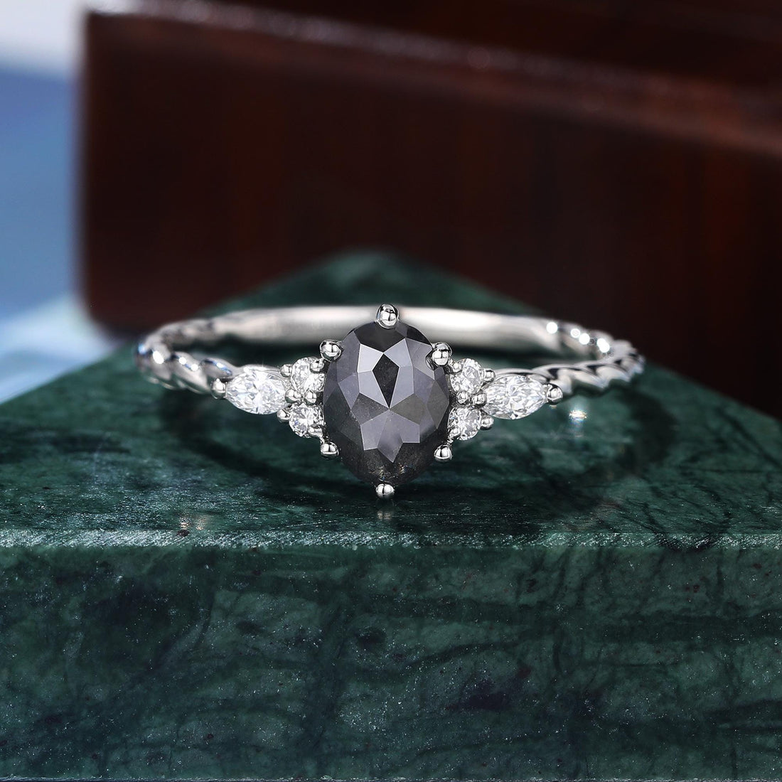 14K White Gold Oval Cut Black Natural Diamond Wedding Ring