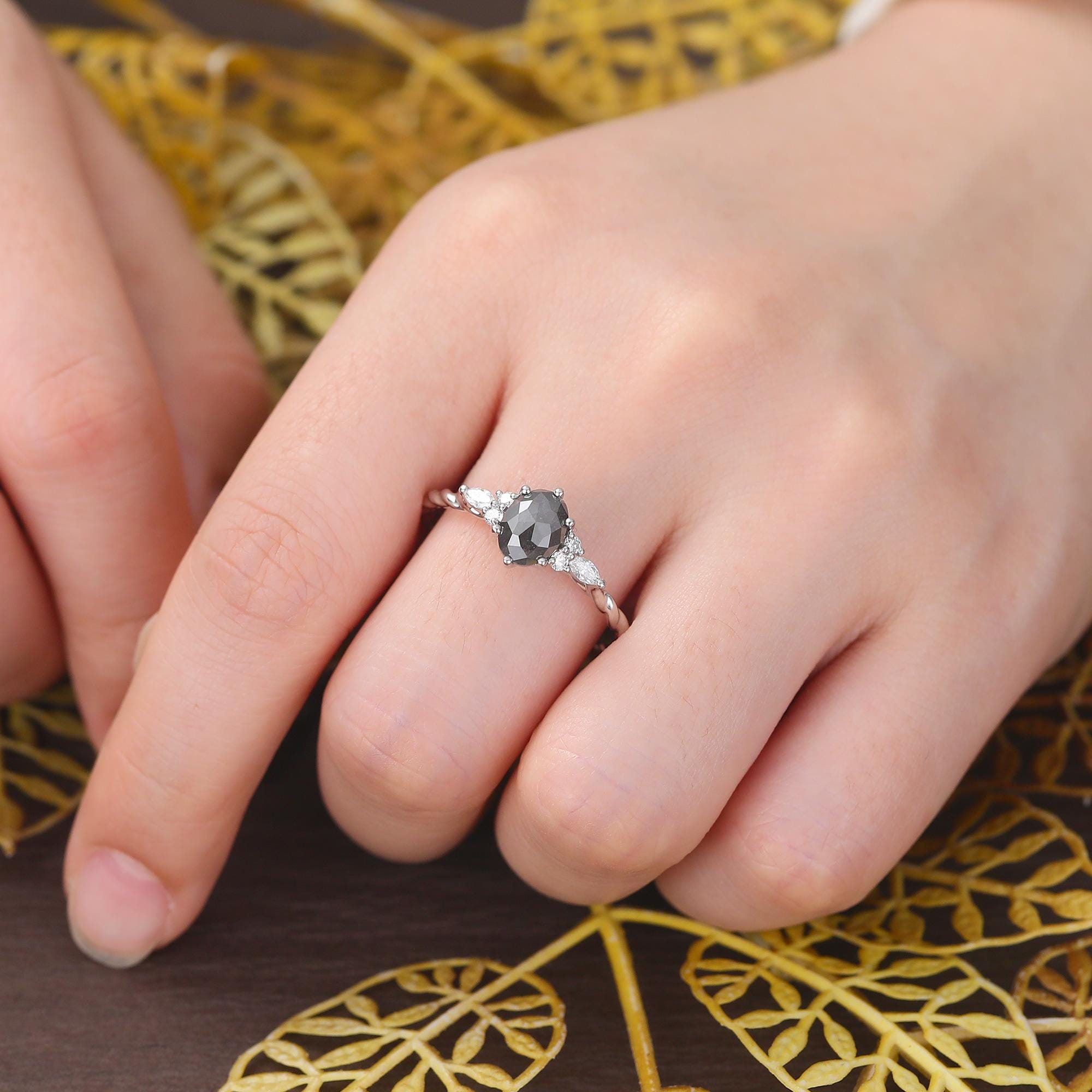 14K White Gold Oval Cut Black Natural Diamond Wedding Ring