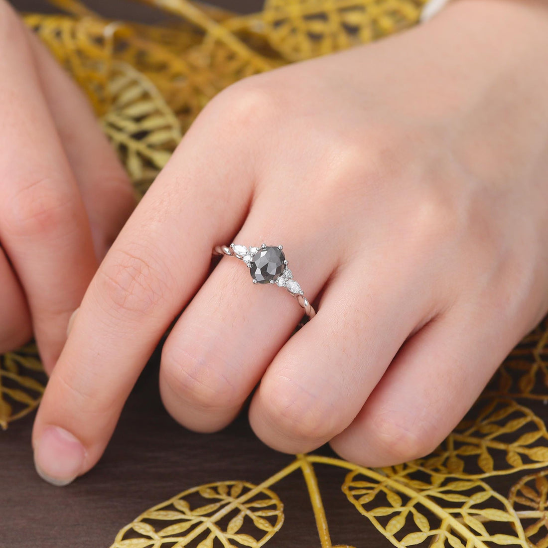 14K White Gold Oval Cut Black Natural Diamond Wedding Ring