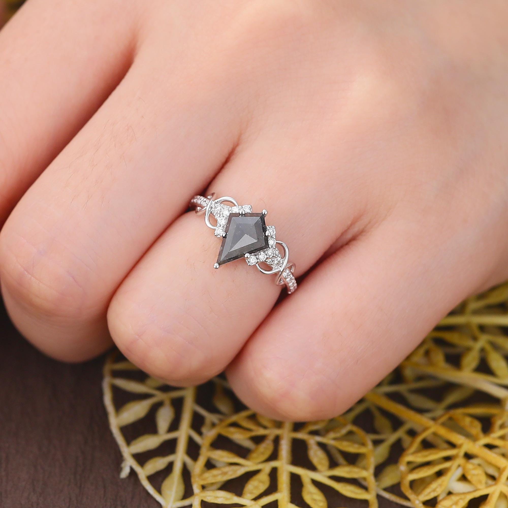 Kite Cut Black Diamond Engagement Ring, Natural Diamond 14K Rose Gold Solitaire Ring
