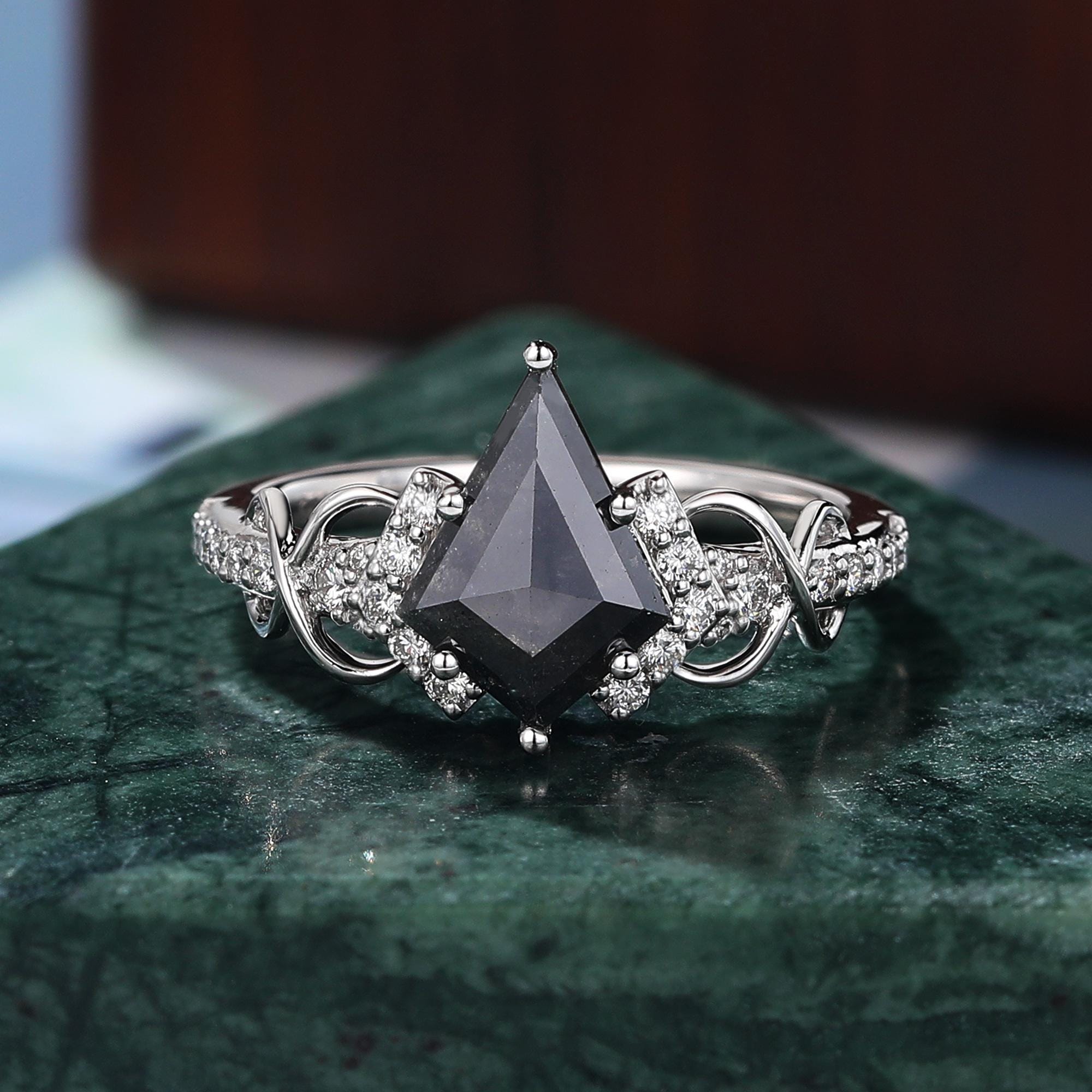 Kite Cut Black Diamond Engagement Ring, Natural Diamond 14K Rose Gold Solitaire Ring