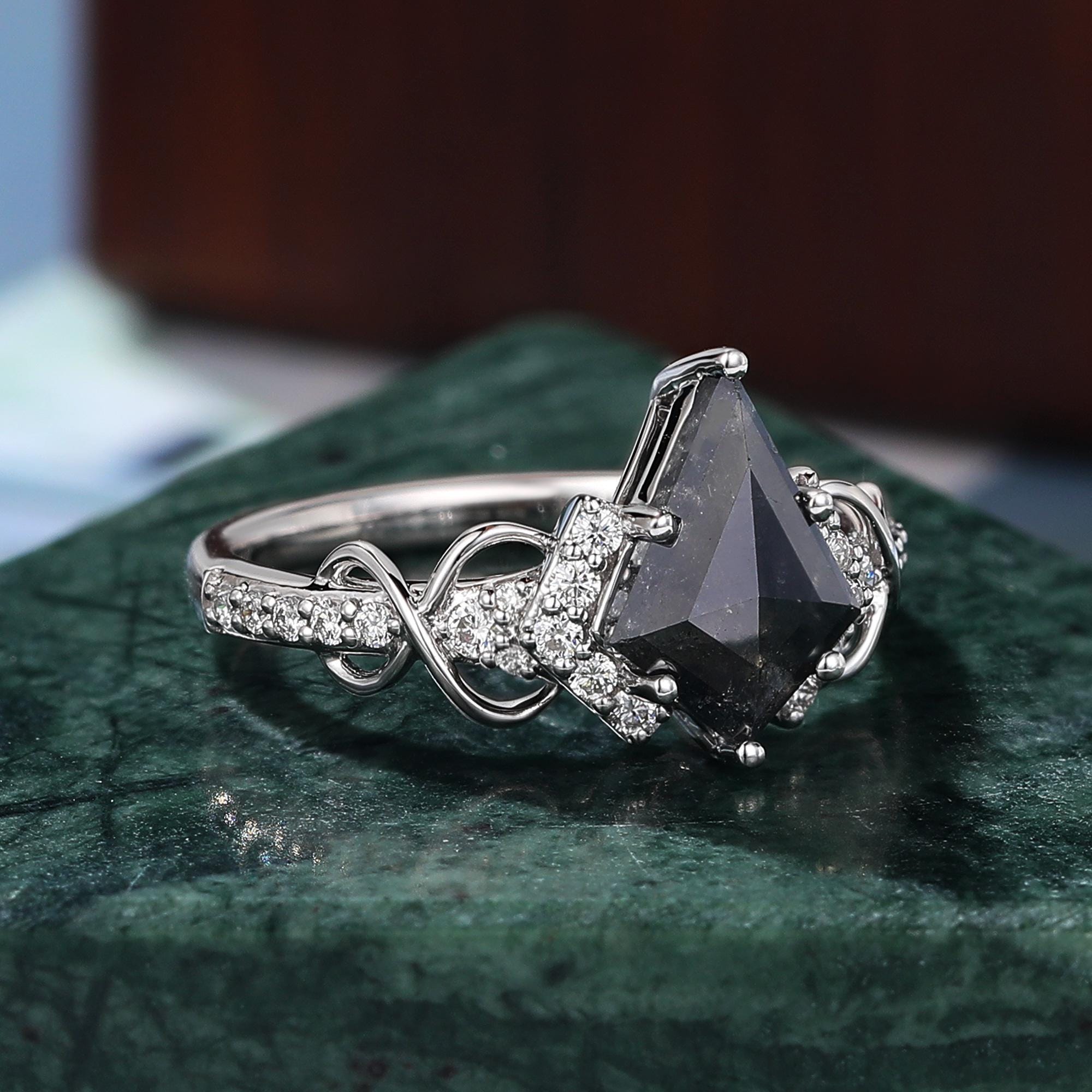 Kite Cut Black Diamond Engagement Ring, Natural Diamond 14K Rose Gold Solitaire Ring