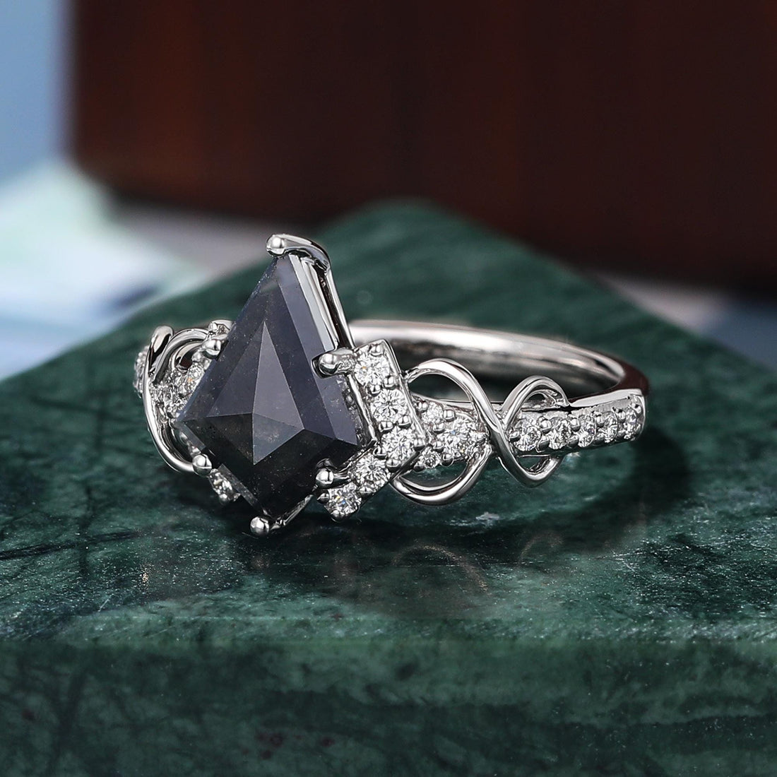 Kite Cut Black Diamond Engagement Ring, Natural Diamond 14K Rose Gold Solitaire Ring