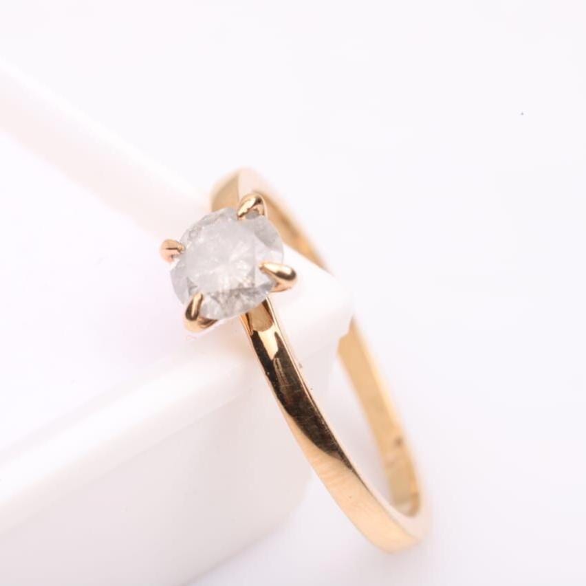 14K Yellow Gold Round Cut Grey Salt and Pepper Natural Diamond Engagement Ring