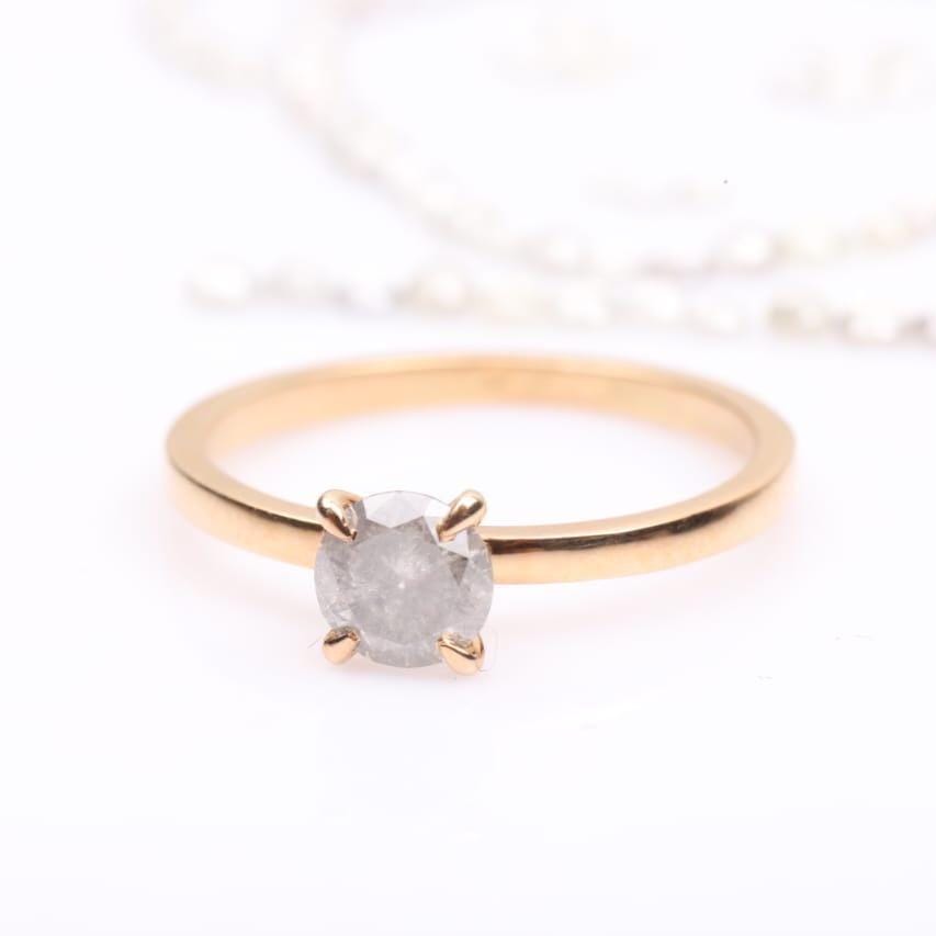14K Yellow Gold Round Cut Grey Salt and Pepper Natural Diamond Engagement Ring