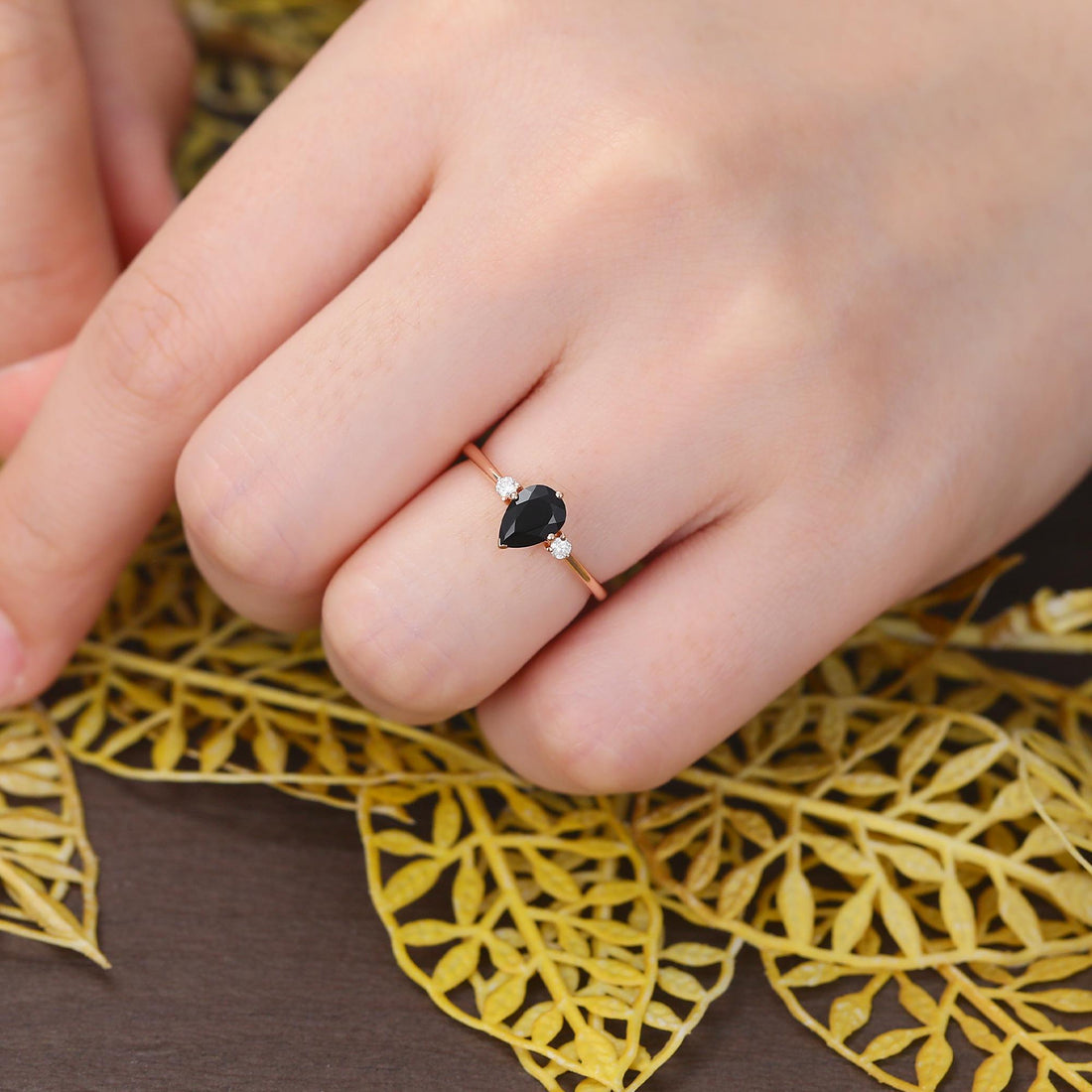 Pear Cut Black Diamond Ring, Natural Diamond 14K Rose Gold Wedding Ring