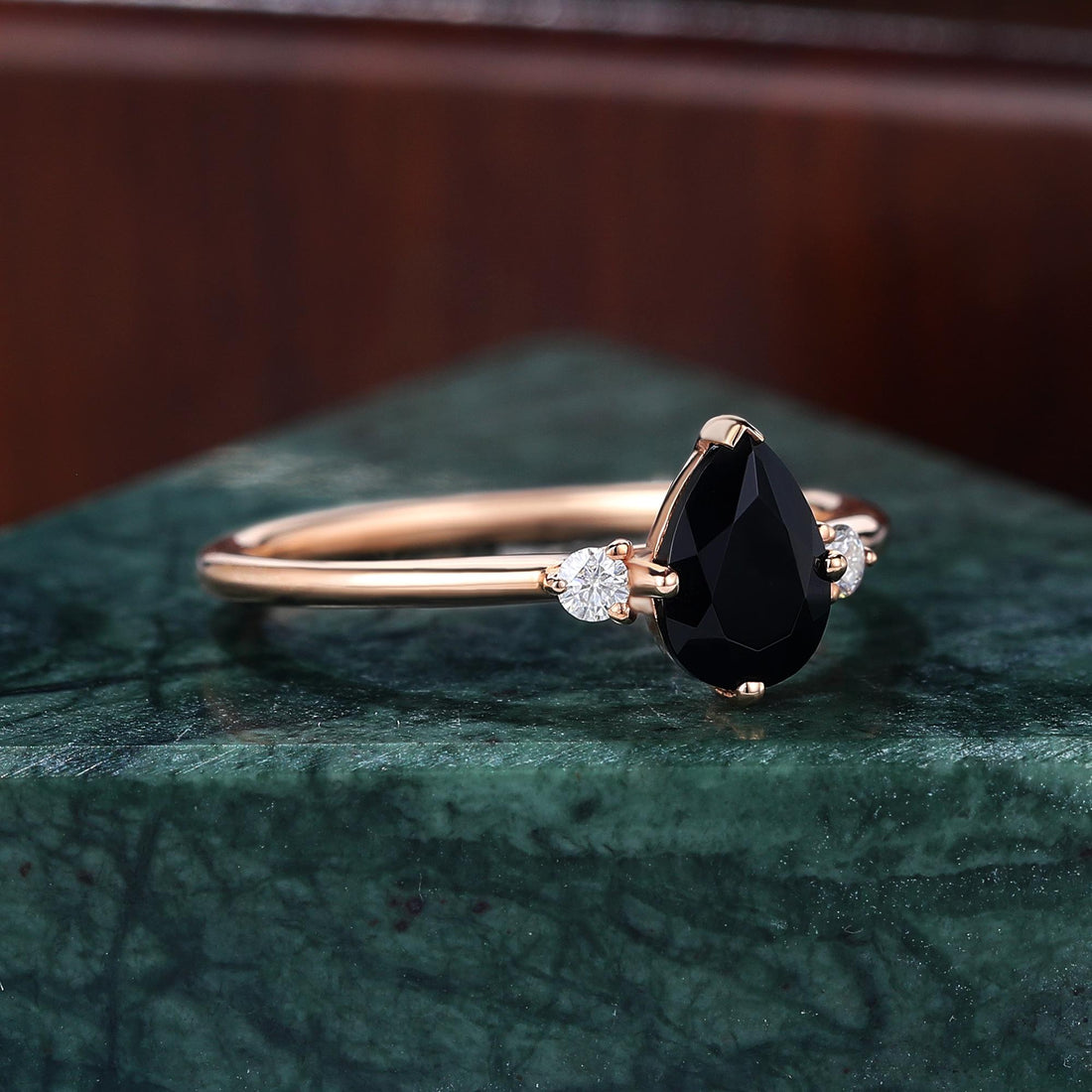 Pear Cut Black Diamond Ring, Natural Diamond 14K Rose Gold Wedding Ring