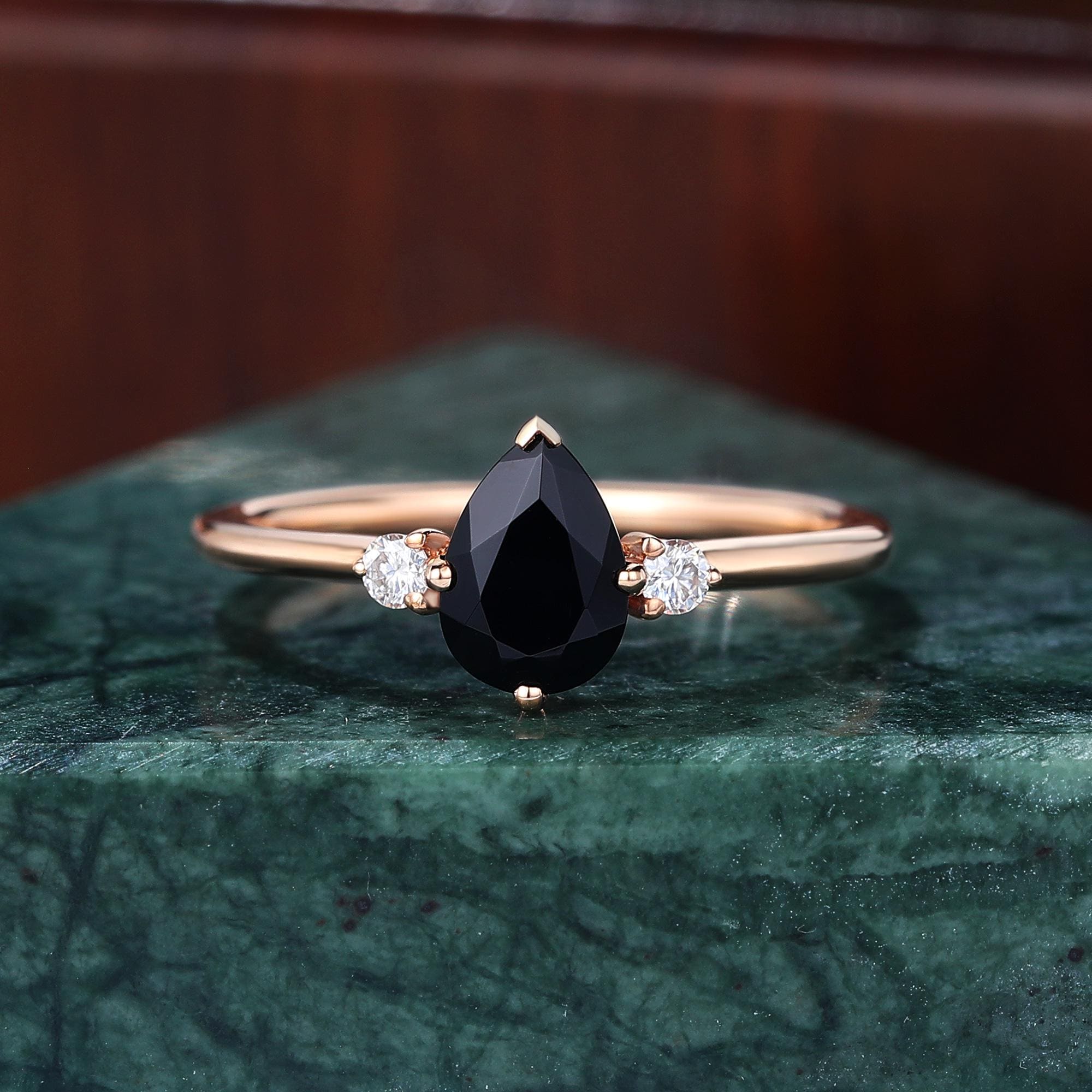 Pear Cut Black Diamond Ring, Natural Diamond 14K Rose Gold Wedding Ring