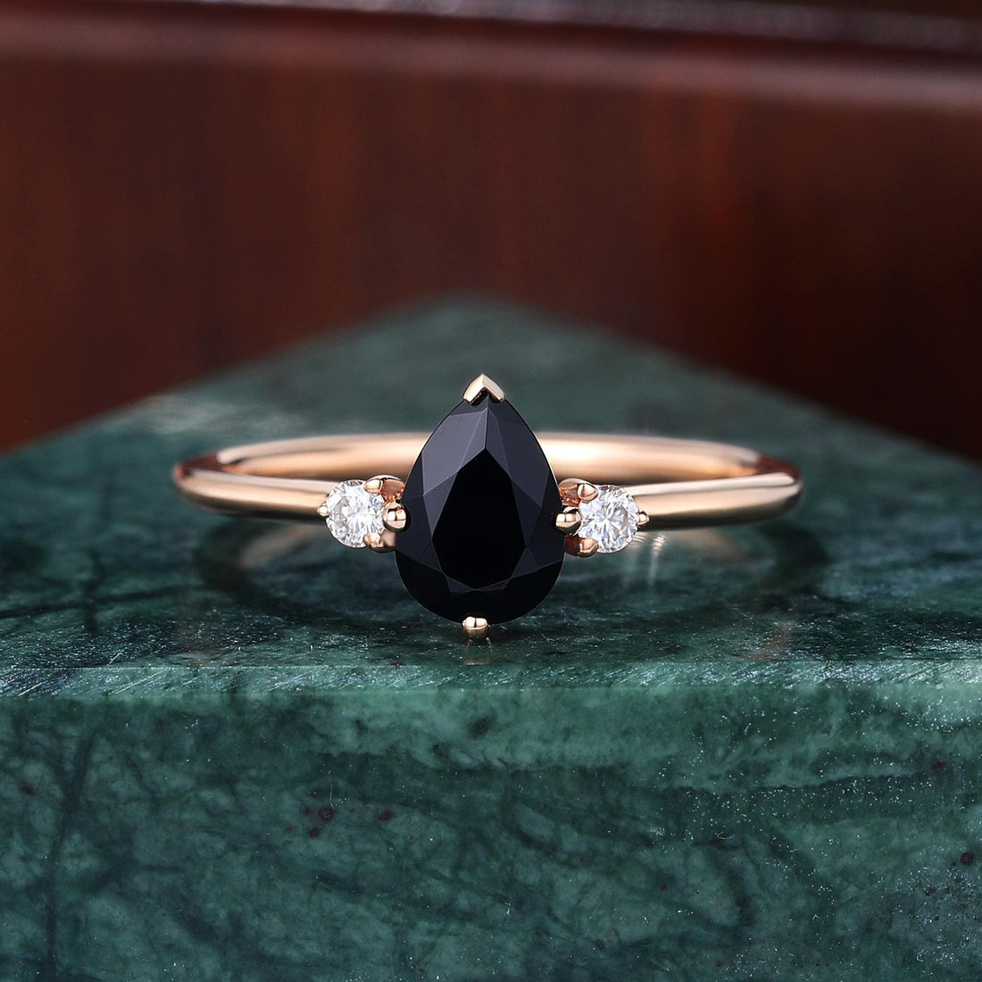 Pear Cut Black Diamond Ring, Natural Diamond 14K Rose Gold Wedding Ring