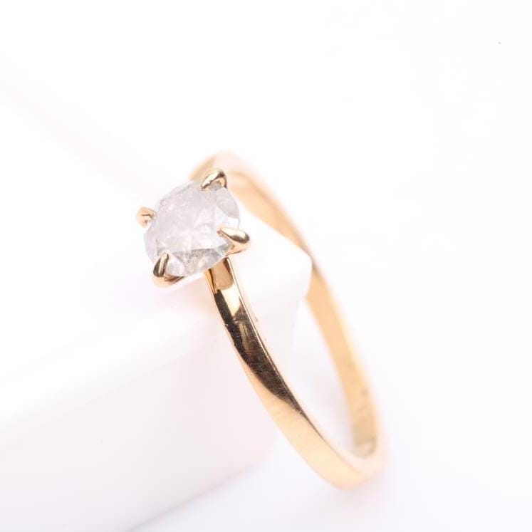 14K Yellow Gold Round Cut Grey Salt and Pepper Natural Diamond Engagement Ring
