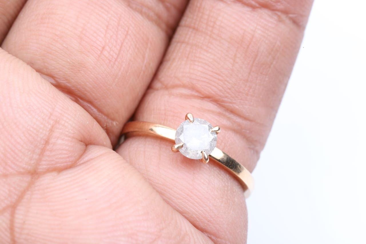 14K Yellow Gold Round Cut Grey Salt and Pepper Natural Diamond Engagement Ring
