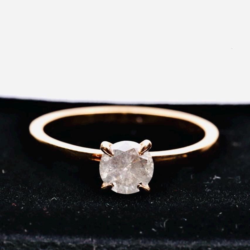 14K Yellow Gold Round Cut Grey Salt and Pepper Natural Diamond Engagement Ring