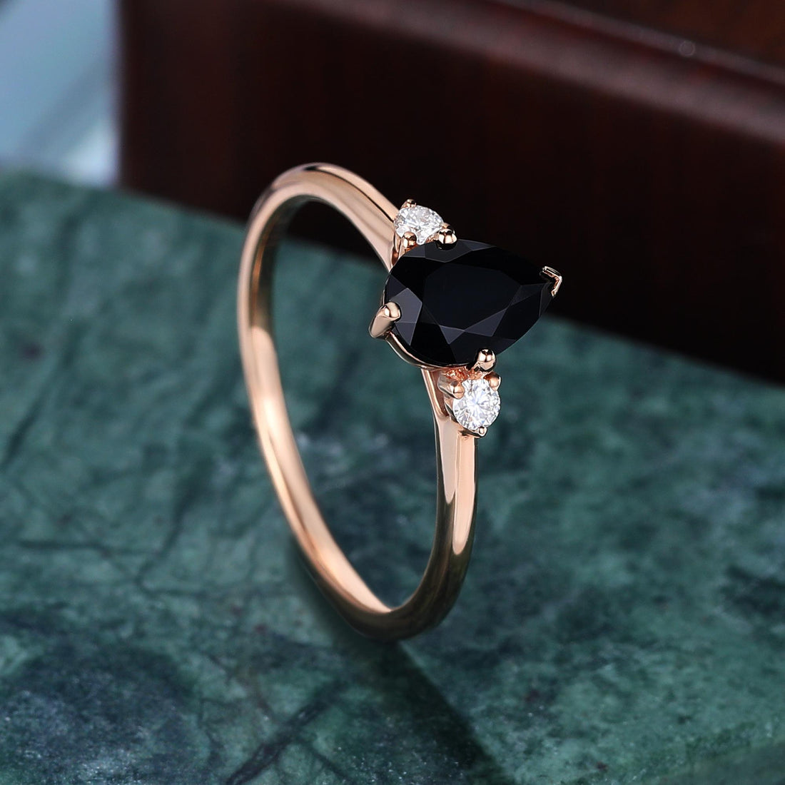 Pear Cut Black Diamond Ring, Natural Diamond 14K Rose Gold Wedding Ring
