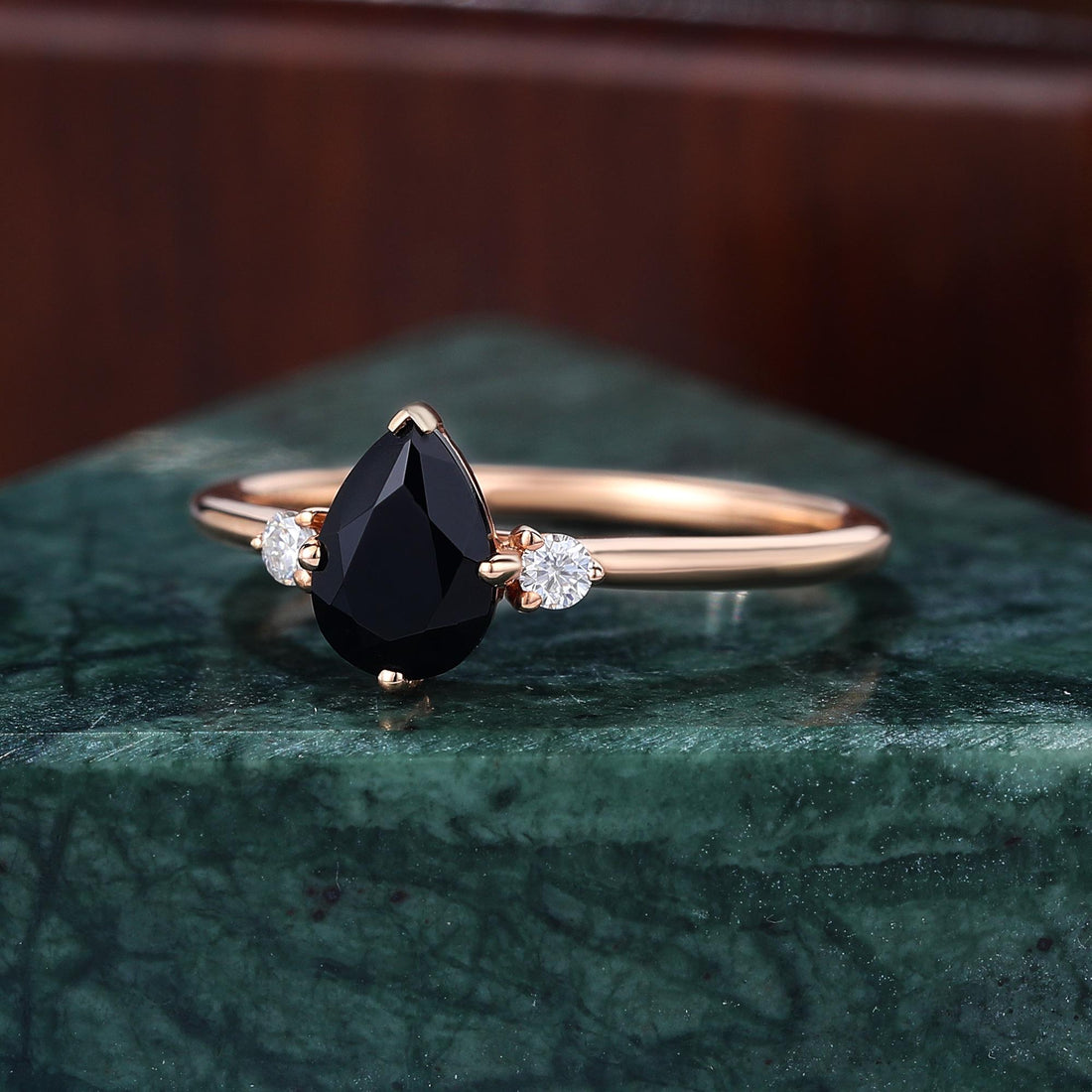 Pear Cut Black Diamond Ring, Natural Diamond 14K Rose Gold Wedding Ring