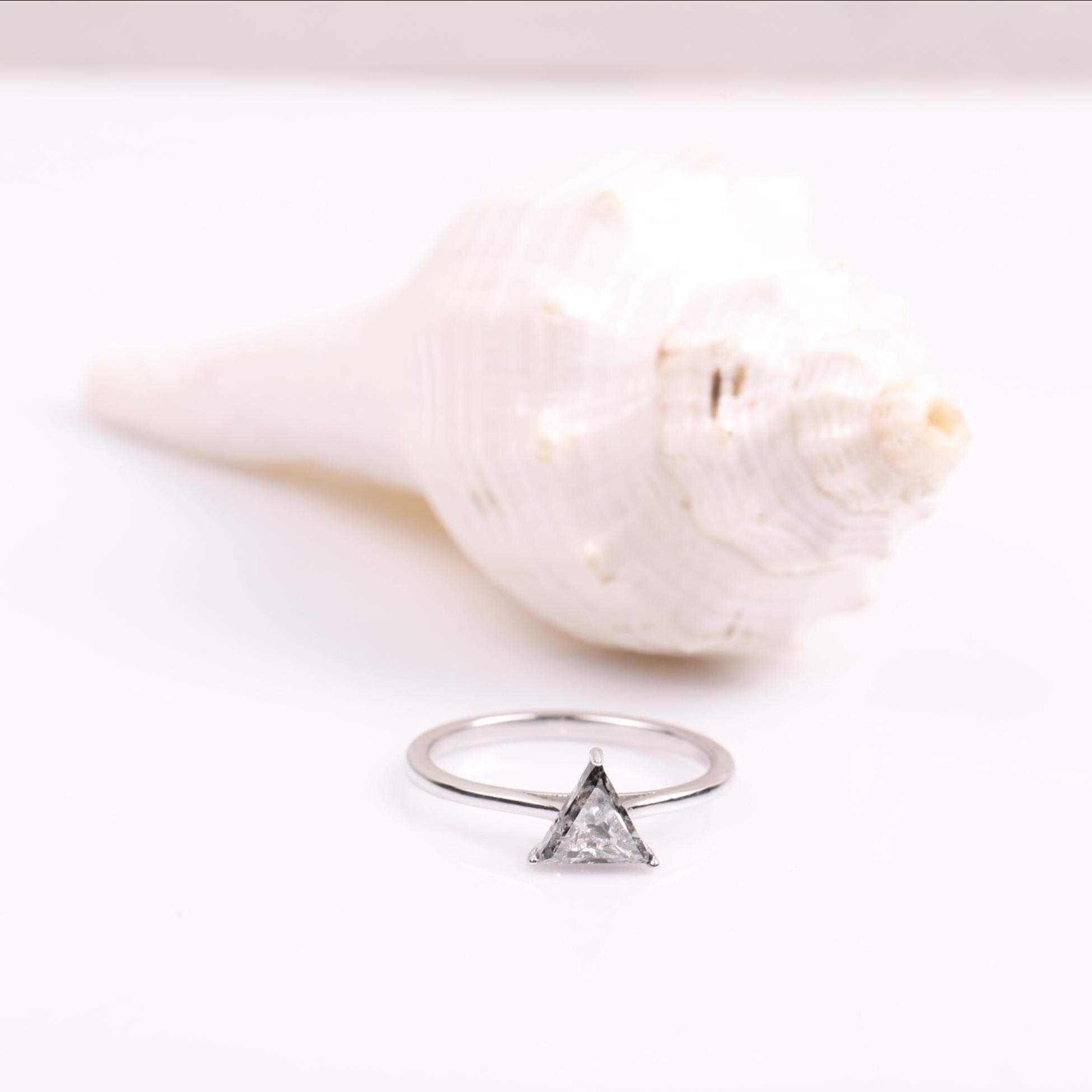 14K White Gold Triangle Cut Grey Salt and Pepper Natural Diamond Wedding Ring