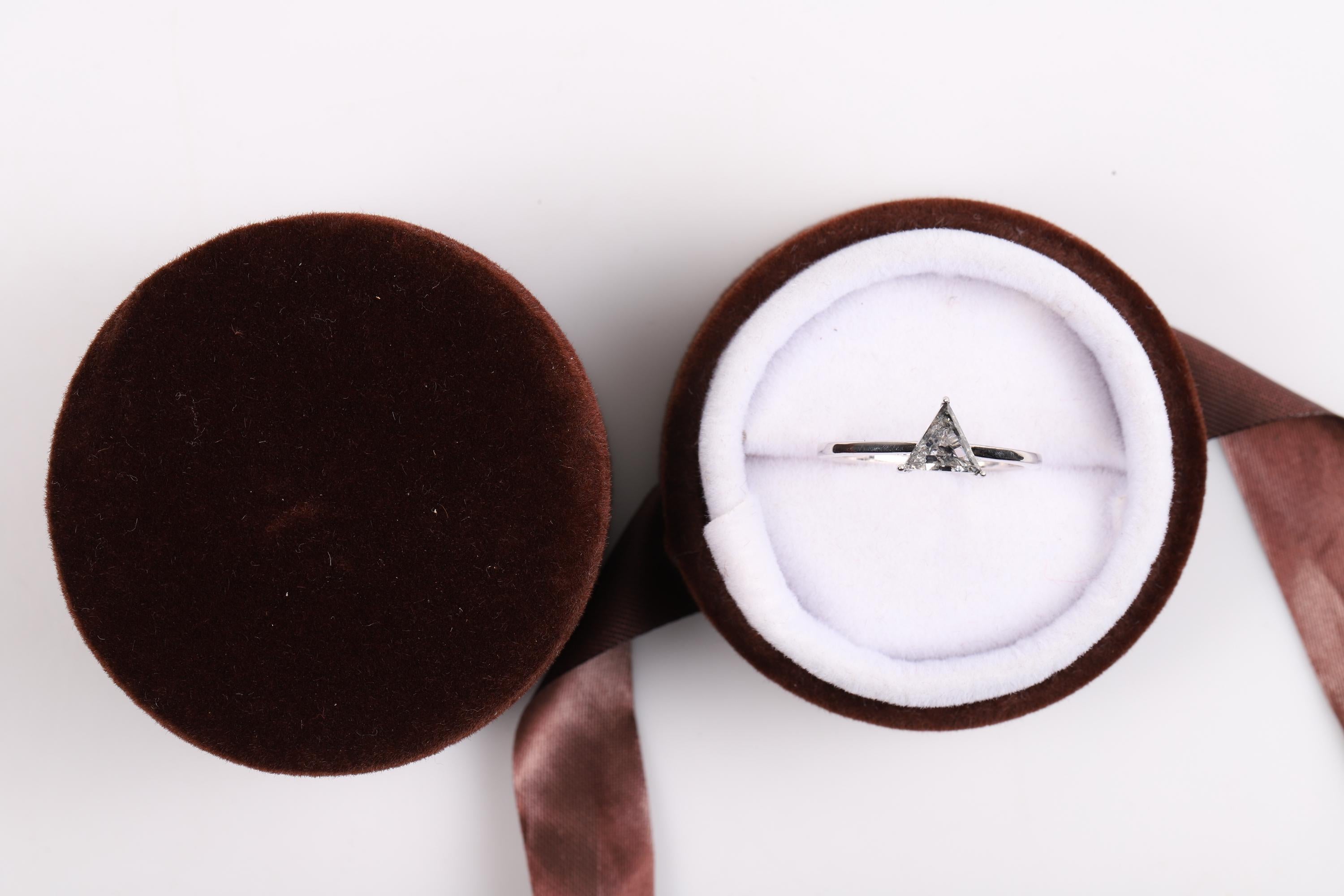 14K White Gold Triangle Cut Grey Salt and Pepper Natural Diamond Wedding Ring