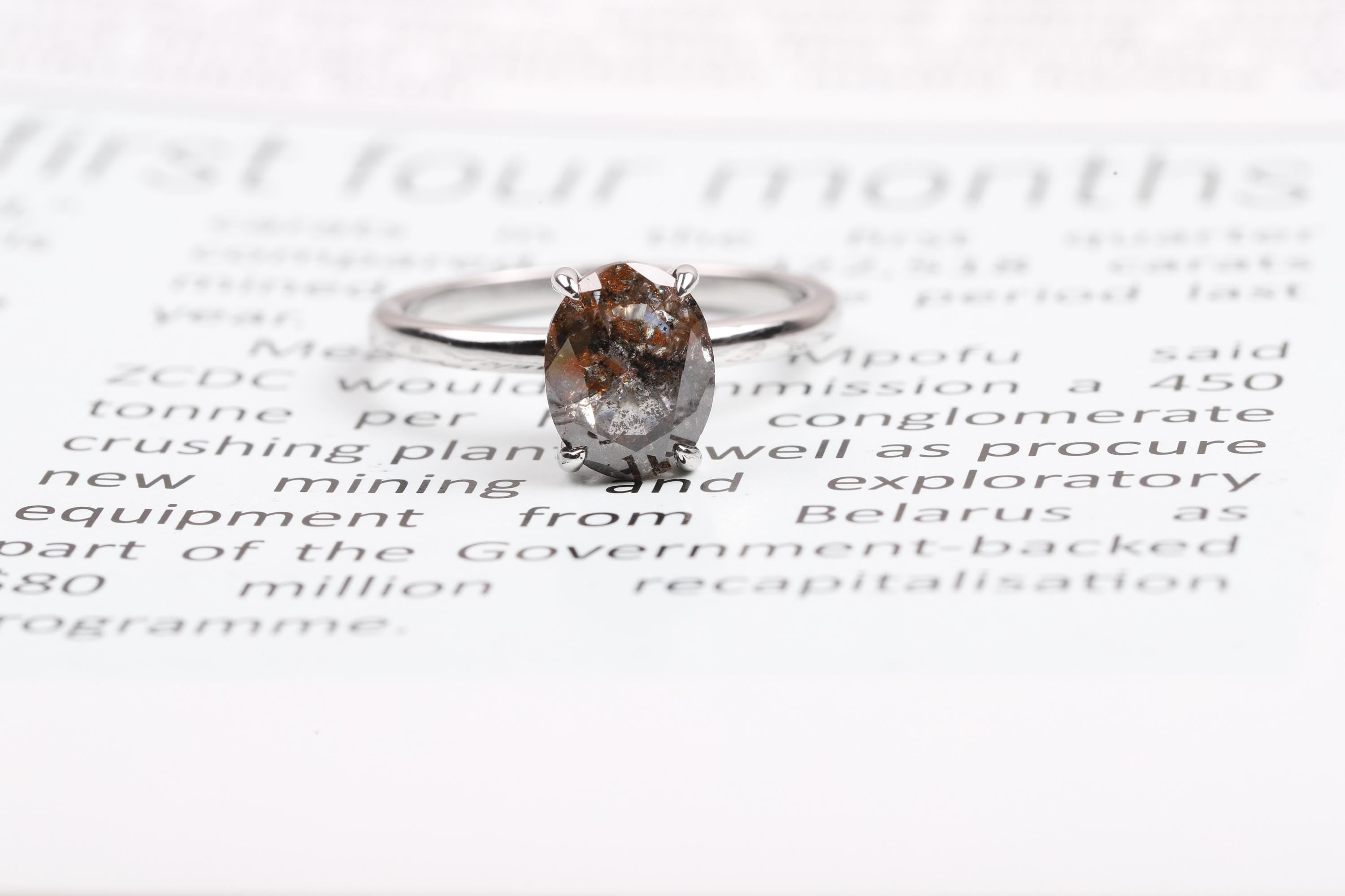 14K White Gold Oval Cut Grey Salt and Pepper Natural Diamond Engagement Ring
