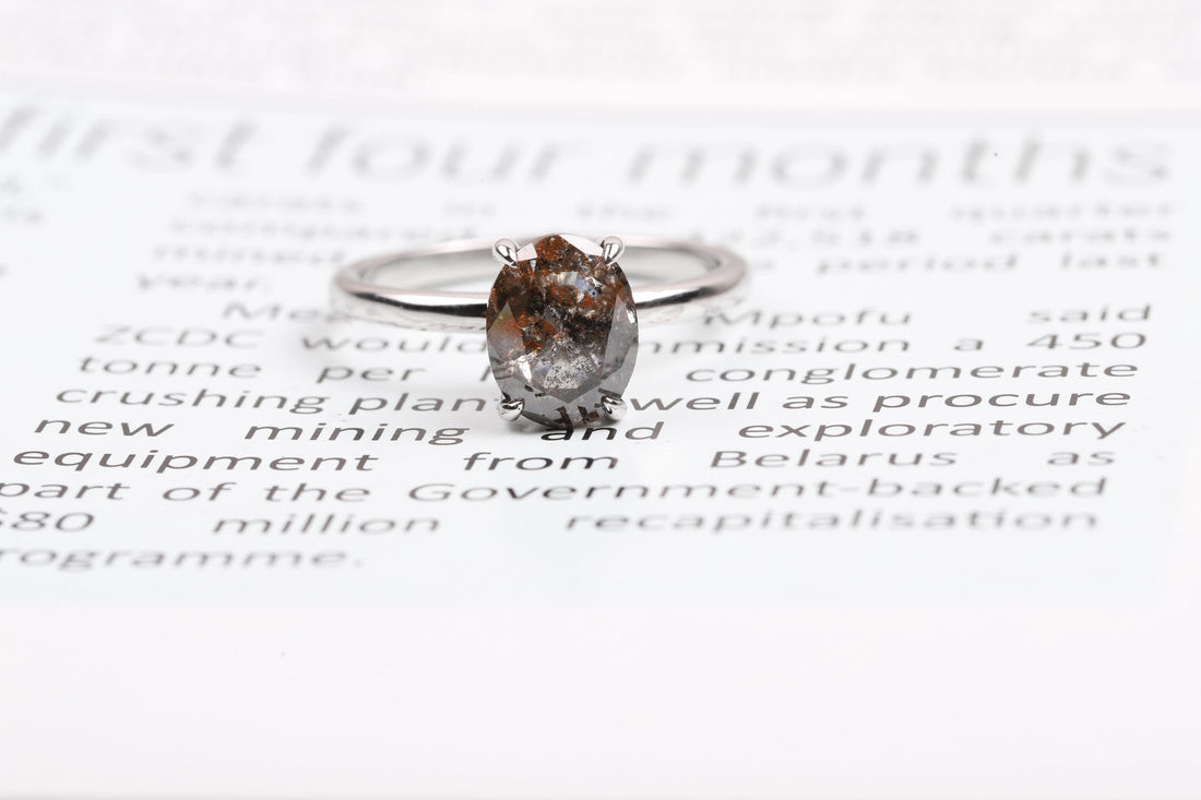 14K White Gold Oval Cut Grey Salt and Pepper Natural Diamond Engagement Ring