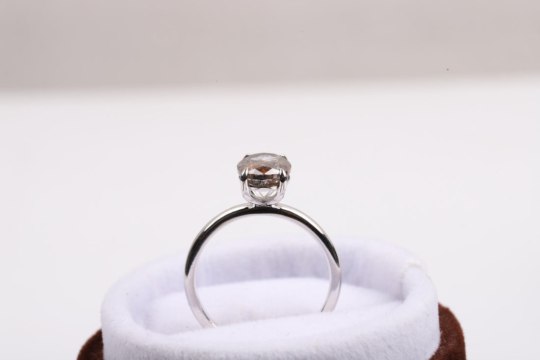 14K White Gold Oval Cut Grey Salt and Pepper Natural Diamond Engagement Ring