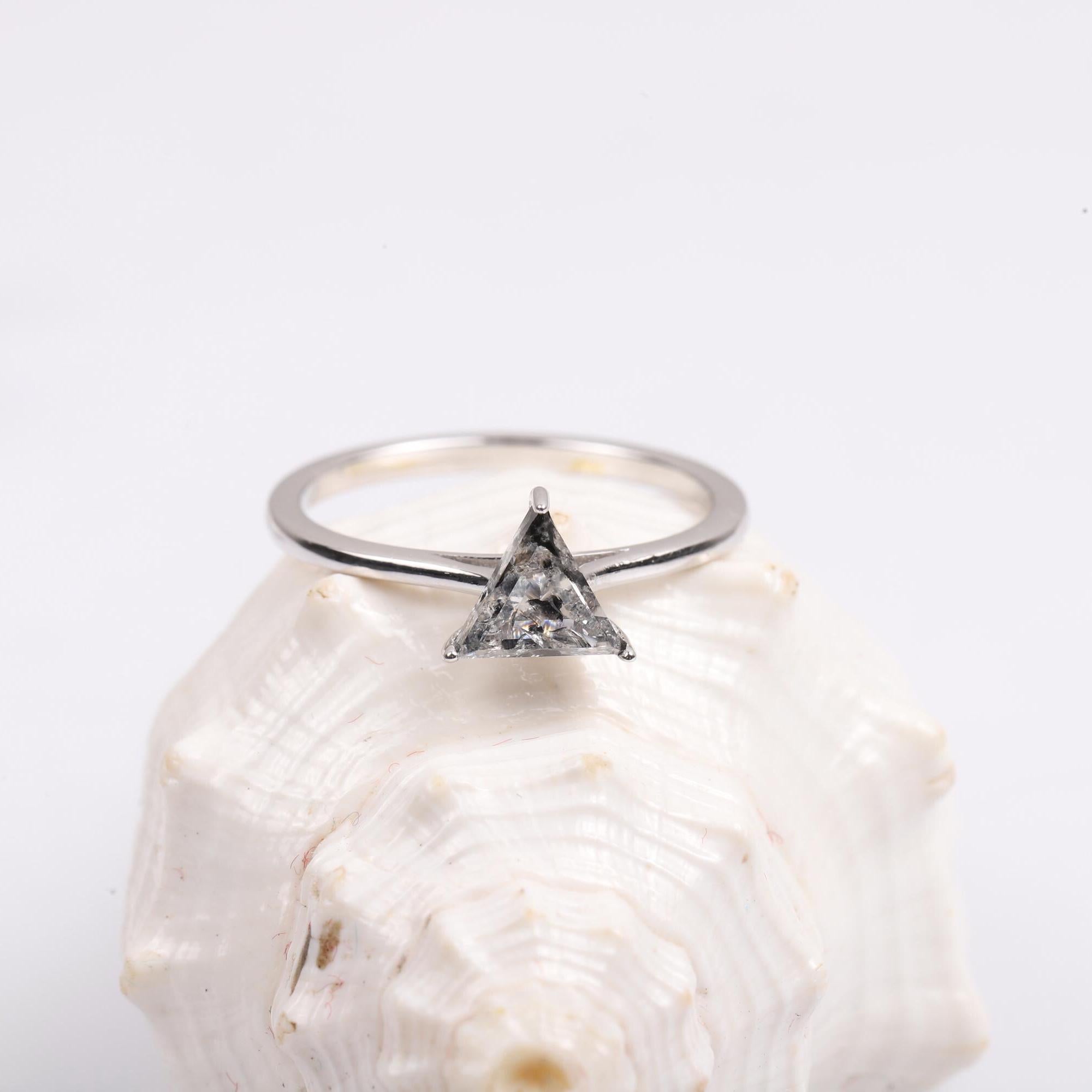 14K White Gold Triangle Cut Grey Salt and Pepper Natural Diamond Wedding Ring